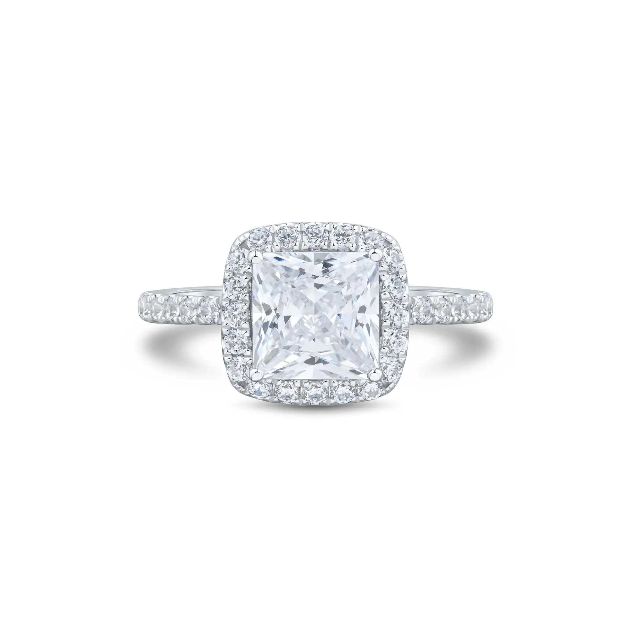 2 CT. Tw. Lab Grown Diamond Princess-Cut Halo Engagement Ring 14K White Gold Round Brilliant Cut Size 9 1.5mm