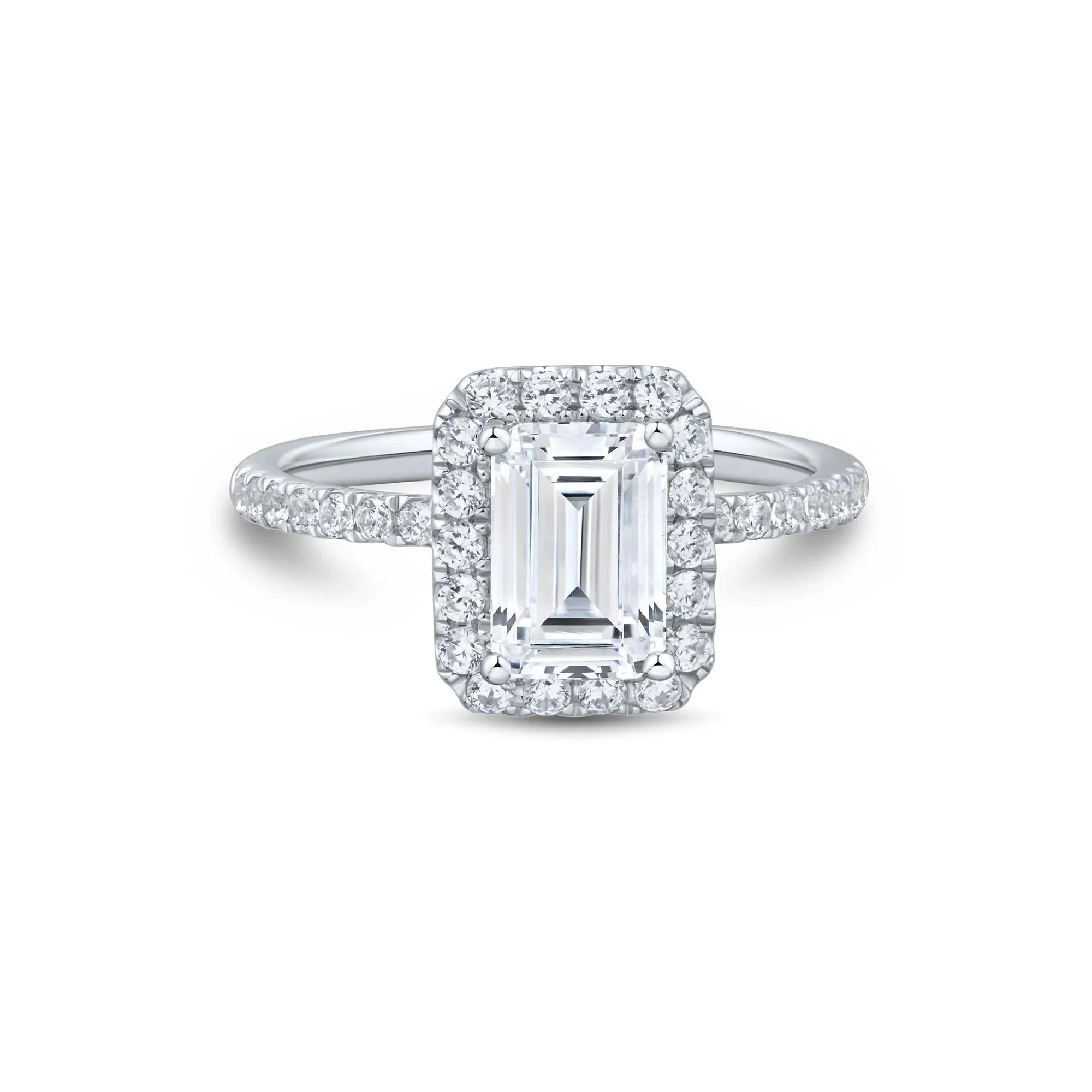2 CT. Tw. Lab Grown Diamond Emerald-Cut Halo Engagement Ring 14K White Gold Size 8.5 1.5mm