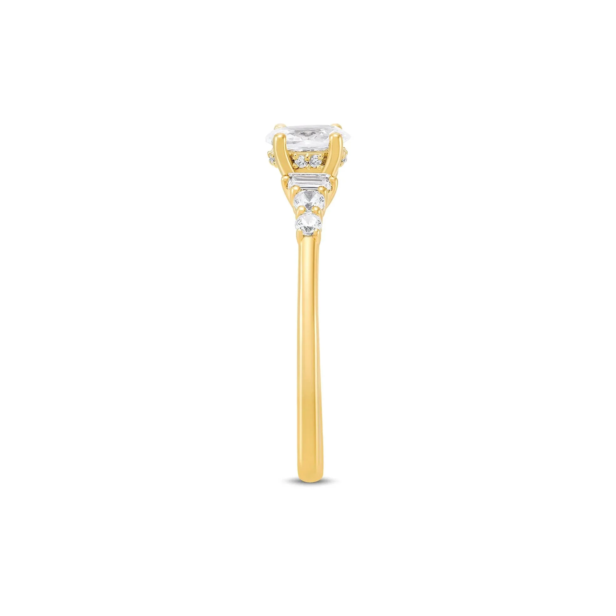 3/4 CT. Tw. Diamond Oval and Baguette Engagement Ring 14K Yellow Gold Round Brilliant Cut Size 9 1.5mm - Image 2
