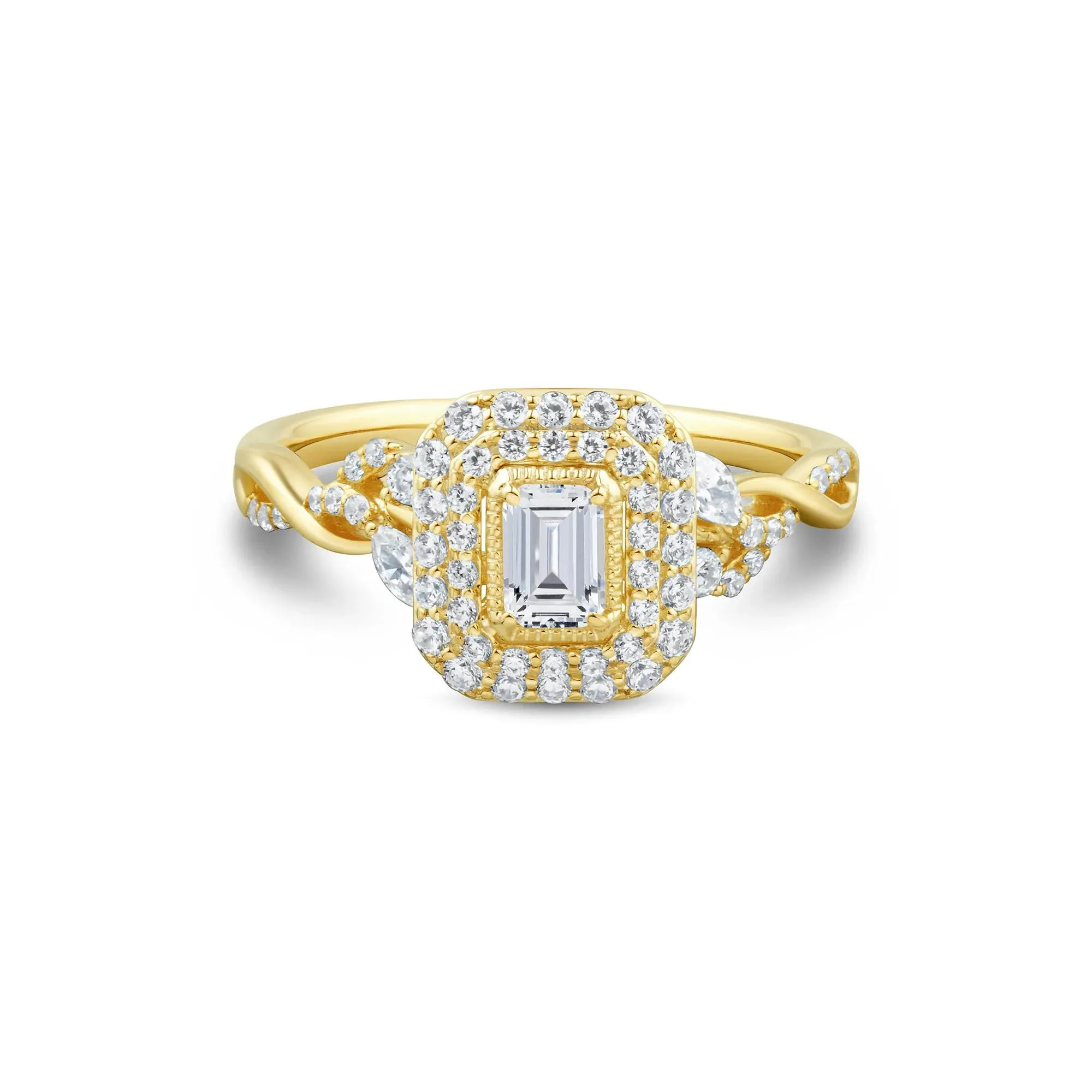 3/4 CT. Tw. Diamond Emerald-Cut Halo Engagement Ring 10K Yellow Gold Round Brilliant Cut Size 8.5 1mm