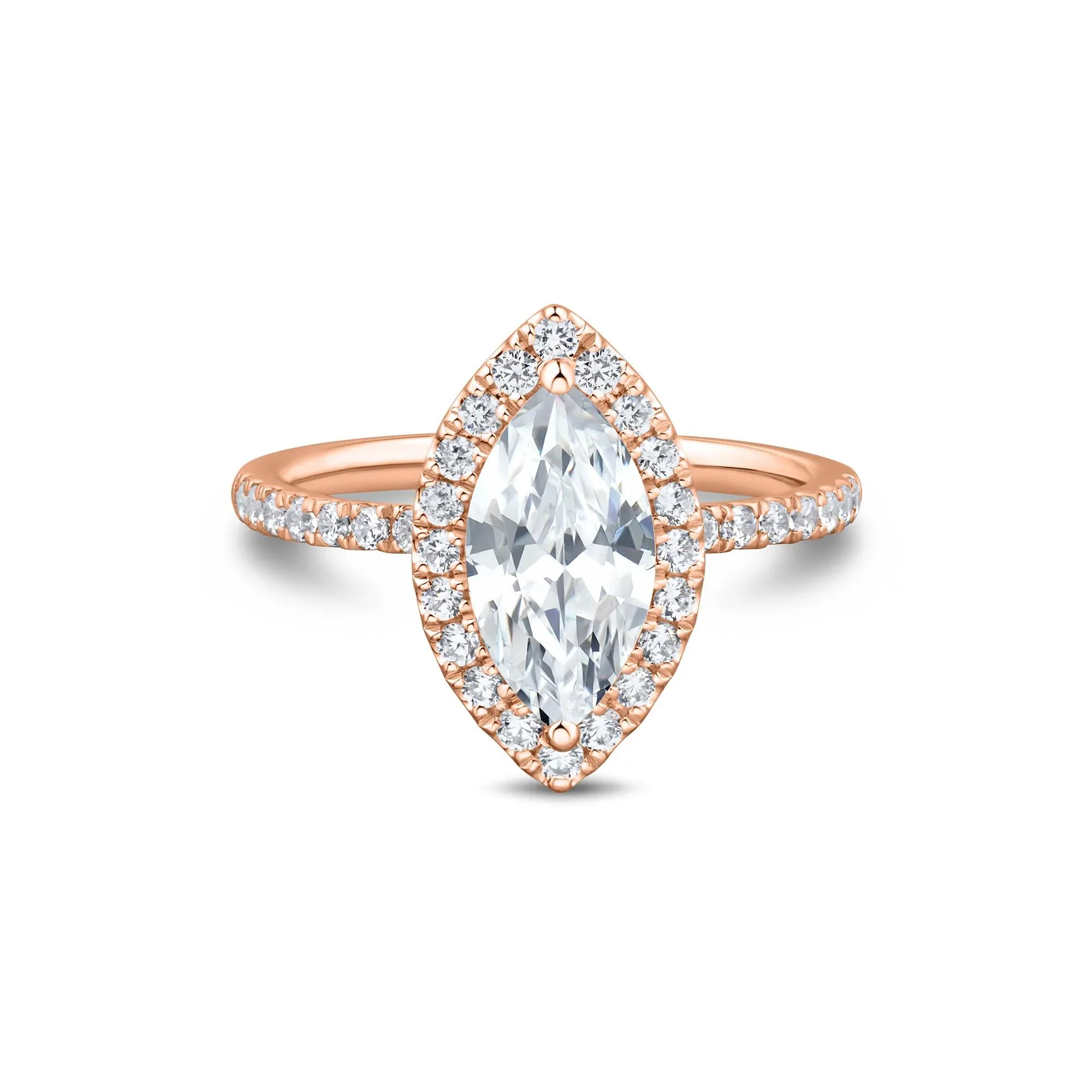 2 CT. Tw. Lab Grown Diamond Marquise-Cut Halo Engagement Ring 14K Rose Gold Size 6.5 1.5mm
