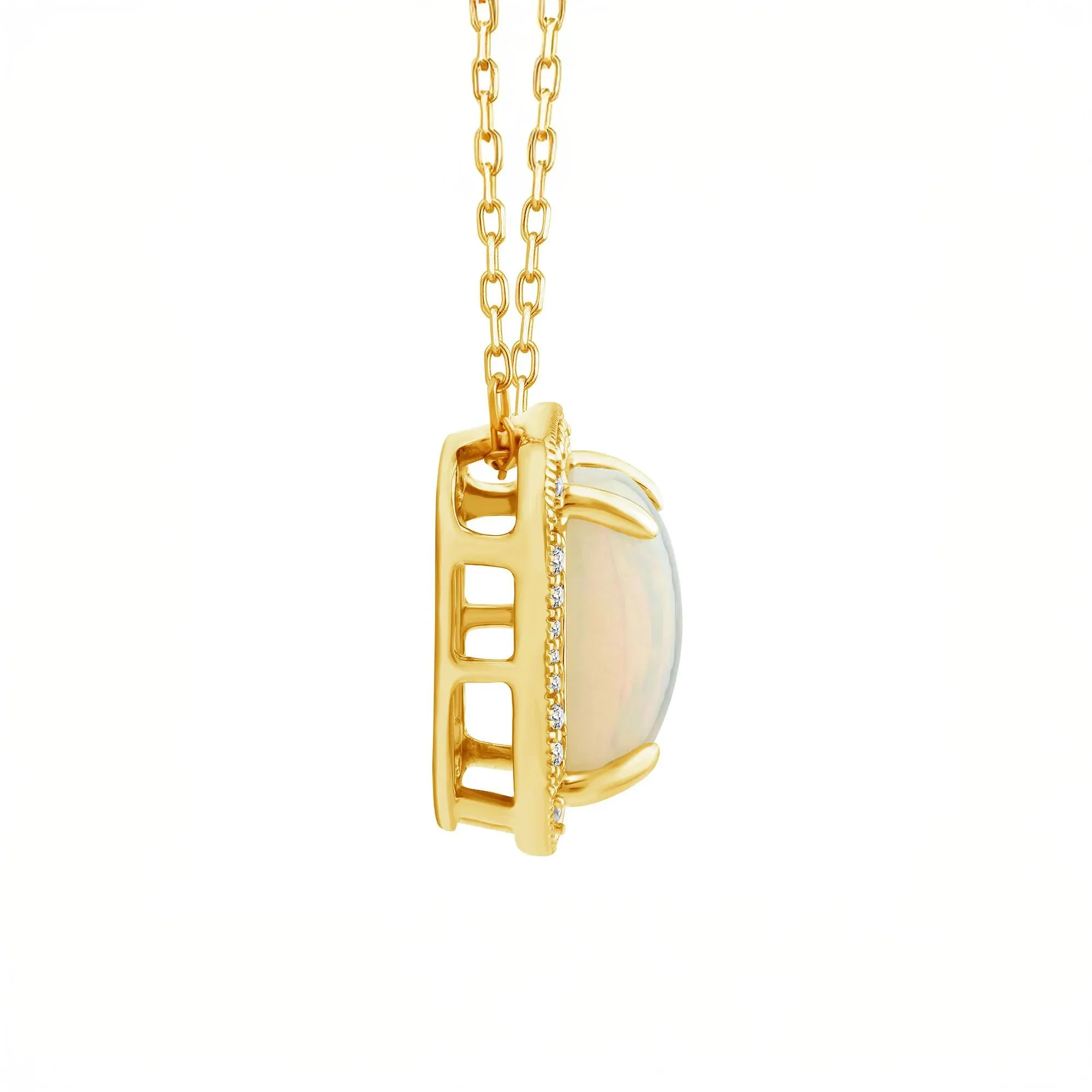1/10 CT. Tw. Cushion Cabochon Opal and Diamond Pendant Necklace 10K Yellow Gold Size 18" - Image 2