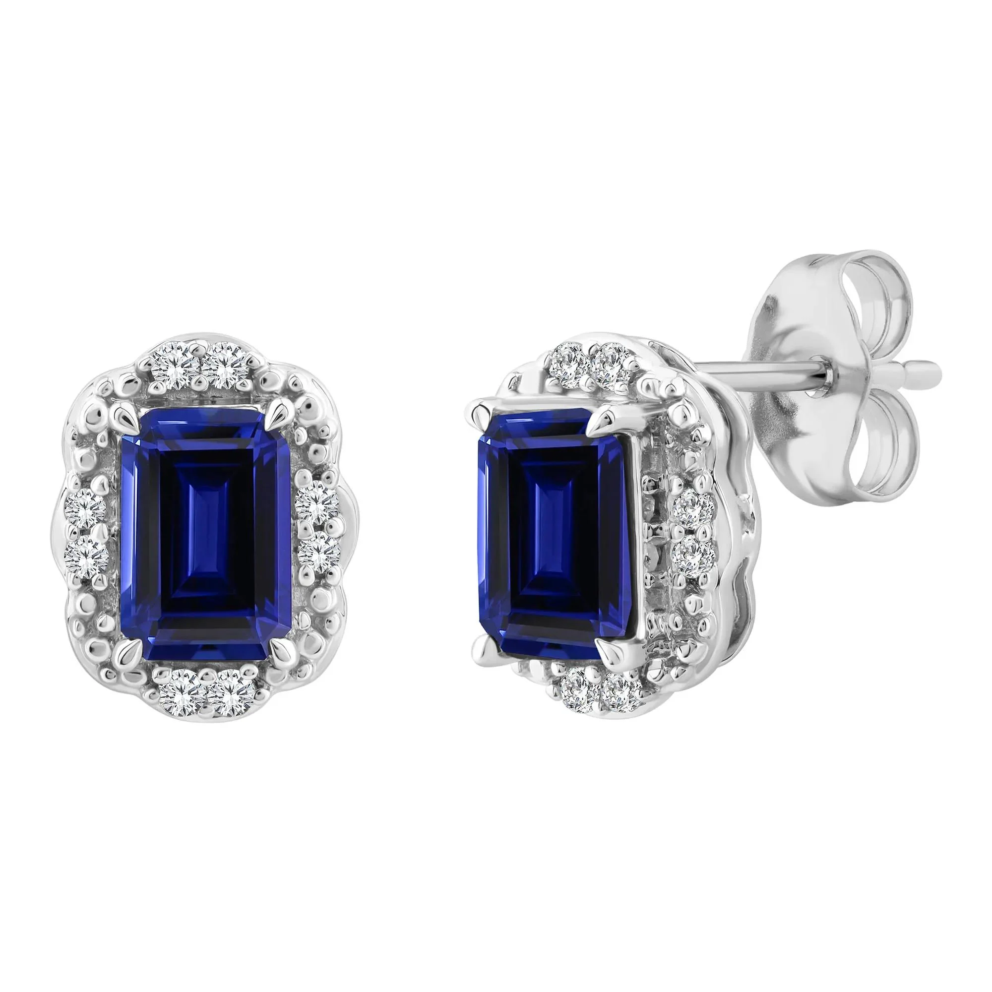 Emerald-Cut Blue Sapphire Halo Stud Earrings 10K White Gold Size 6.80mm