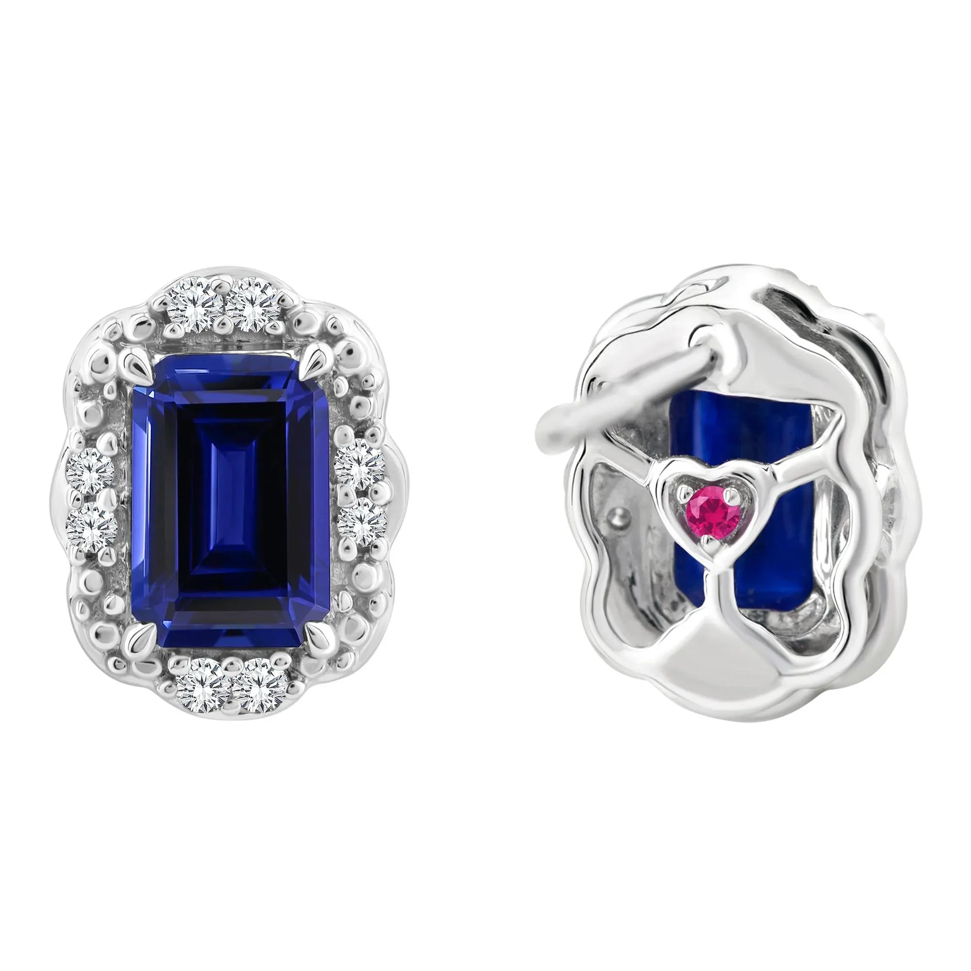 Emerald-Cut Blue Sapphire Halo Stud Earrings 10K White Gold Size 6.80mm - Image 2