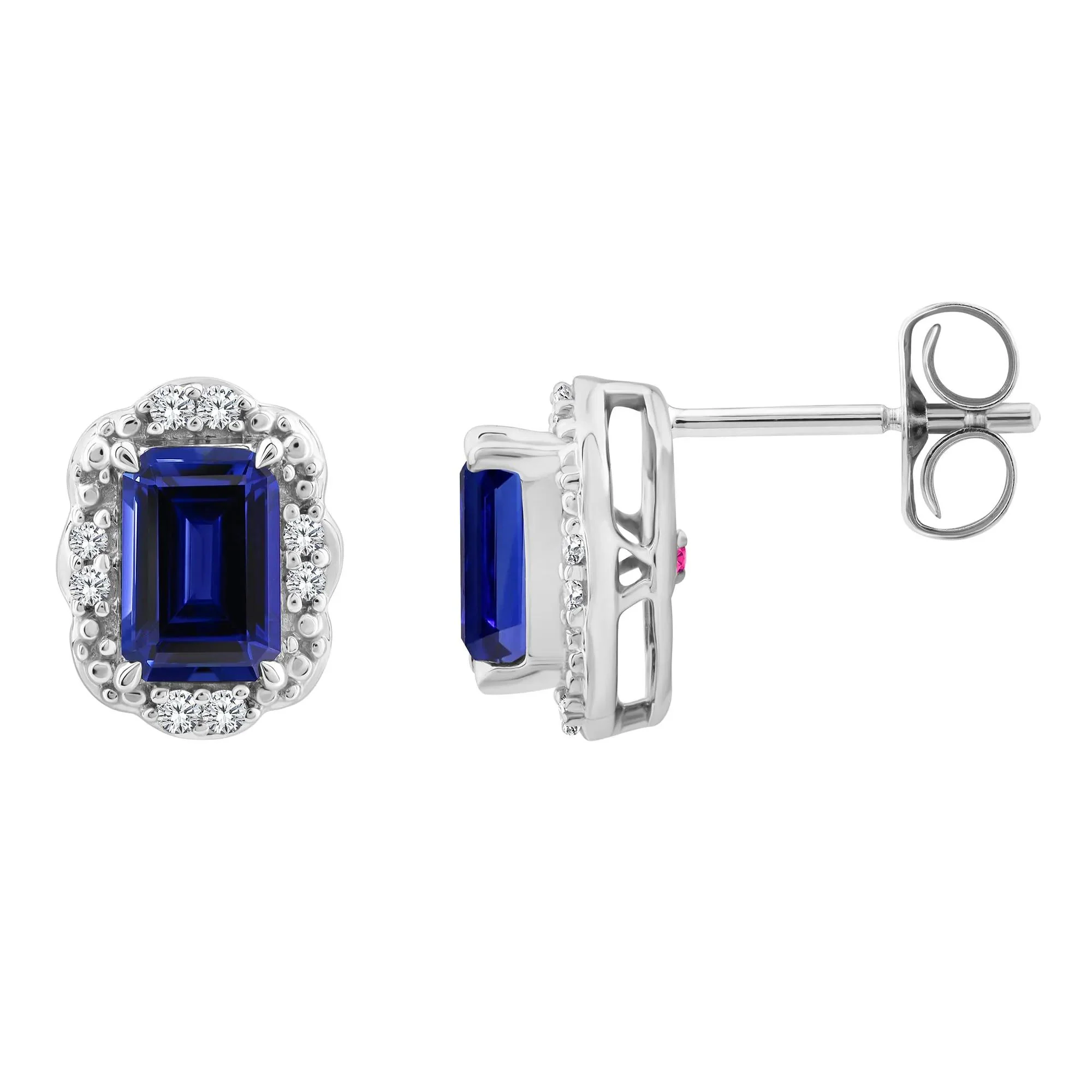 Emerald-Cut Blue Sapphire Halo Stud Earrings 10K White Gold Size 6.80mm - Image 3