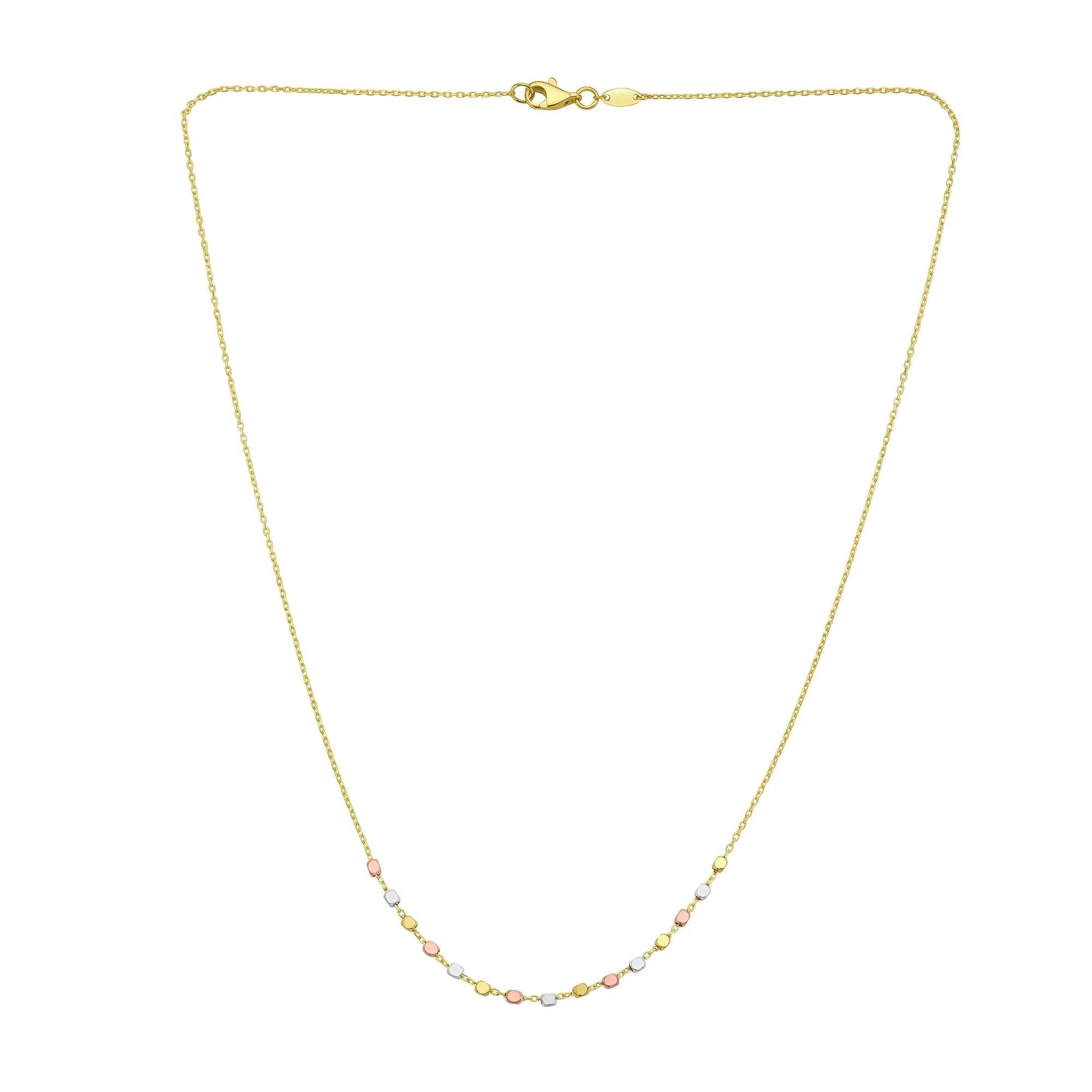 Tri-Color Stationary Textured Bead Necklace 14K Yellow White and Rose Gold Size 17.75" - Image 2