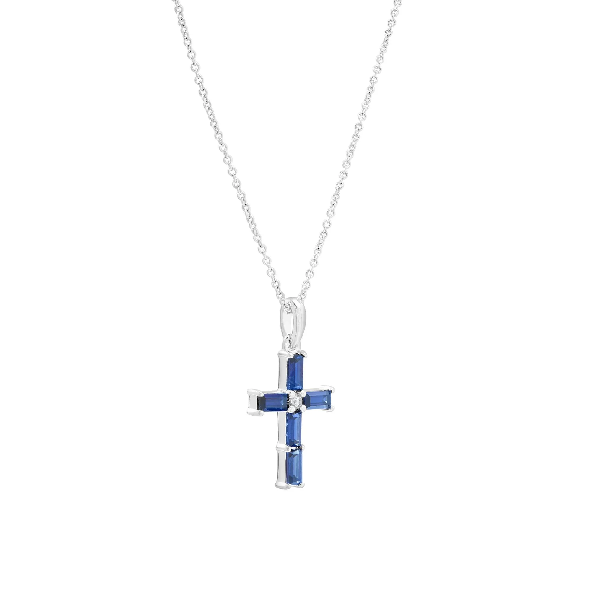 Lab-Created Blue and White Sapphire Cross Pendant Necklace .925 Sterling Silver Size 18" - Image 2