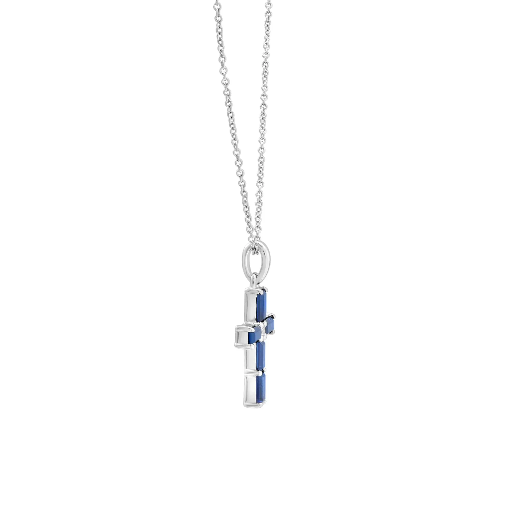Lab-Created Blue and White Sapphire Cross Pendant Necklace .925 Sterling Silver Size 18" - Image 3
