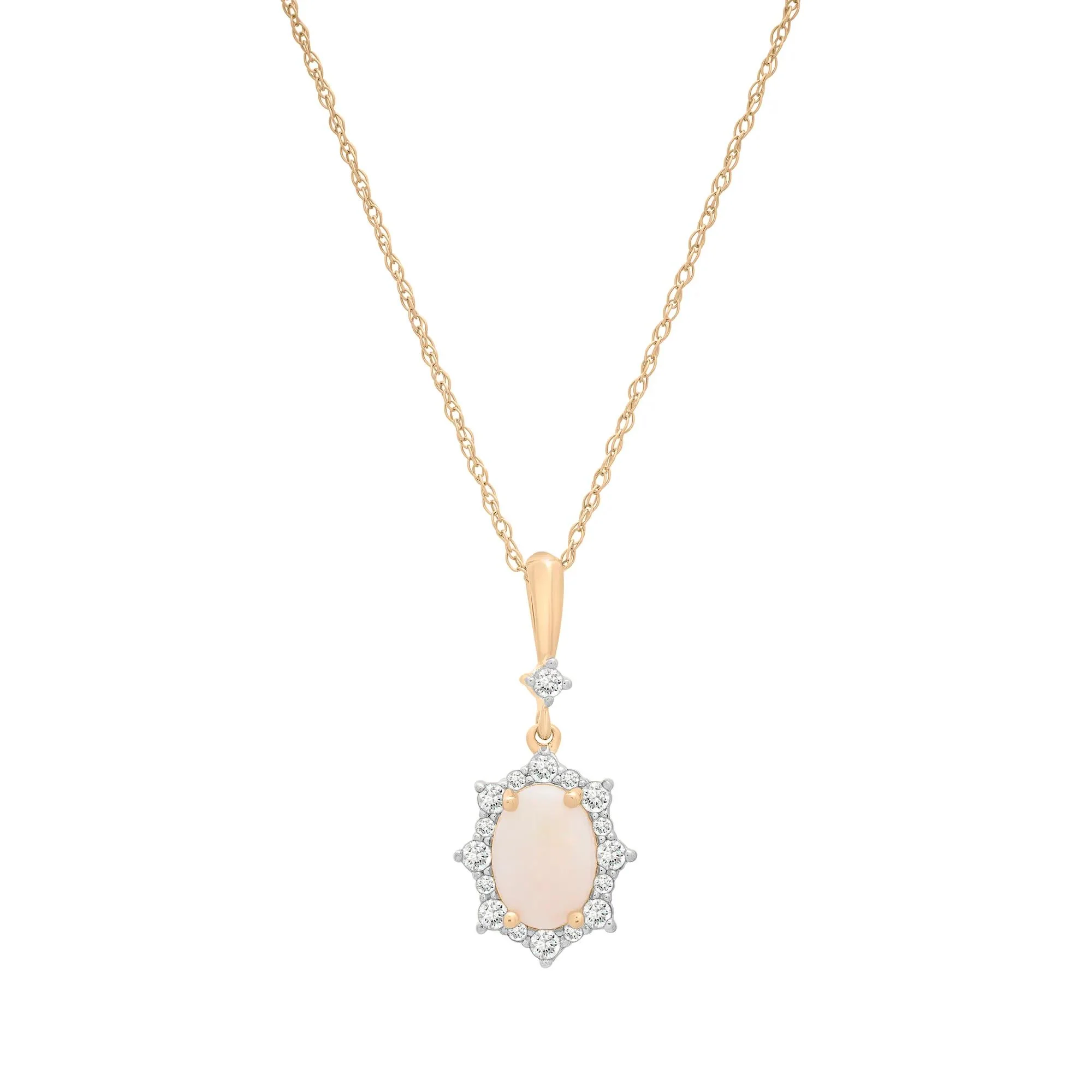 Australian Opal and Diamond Accent Halo Drop Pendant Necklace 10K Yellow Gold Size 18"