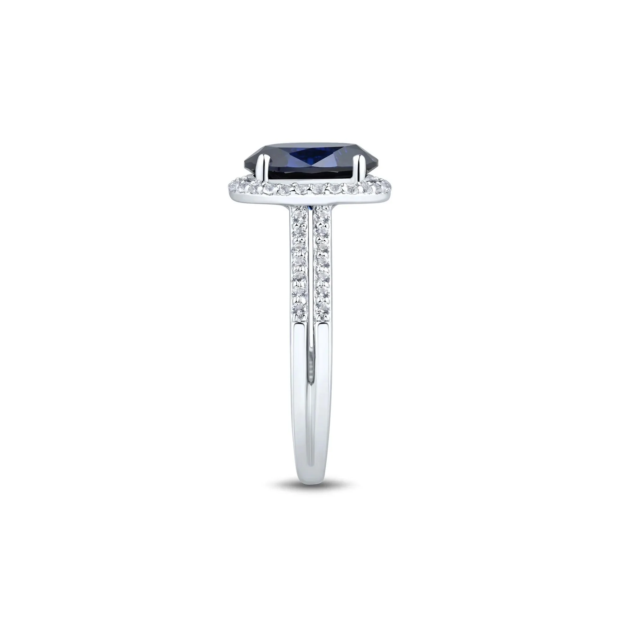 Lab-Created Blue & White Sapphire Double Row Shank Halo Ring .925 Sterling Silver Size 7.5 1mm - Image 2