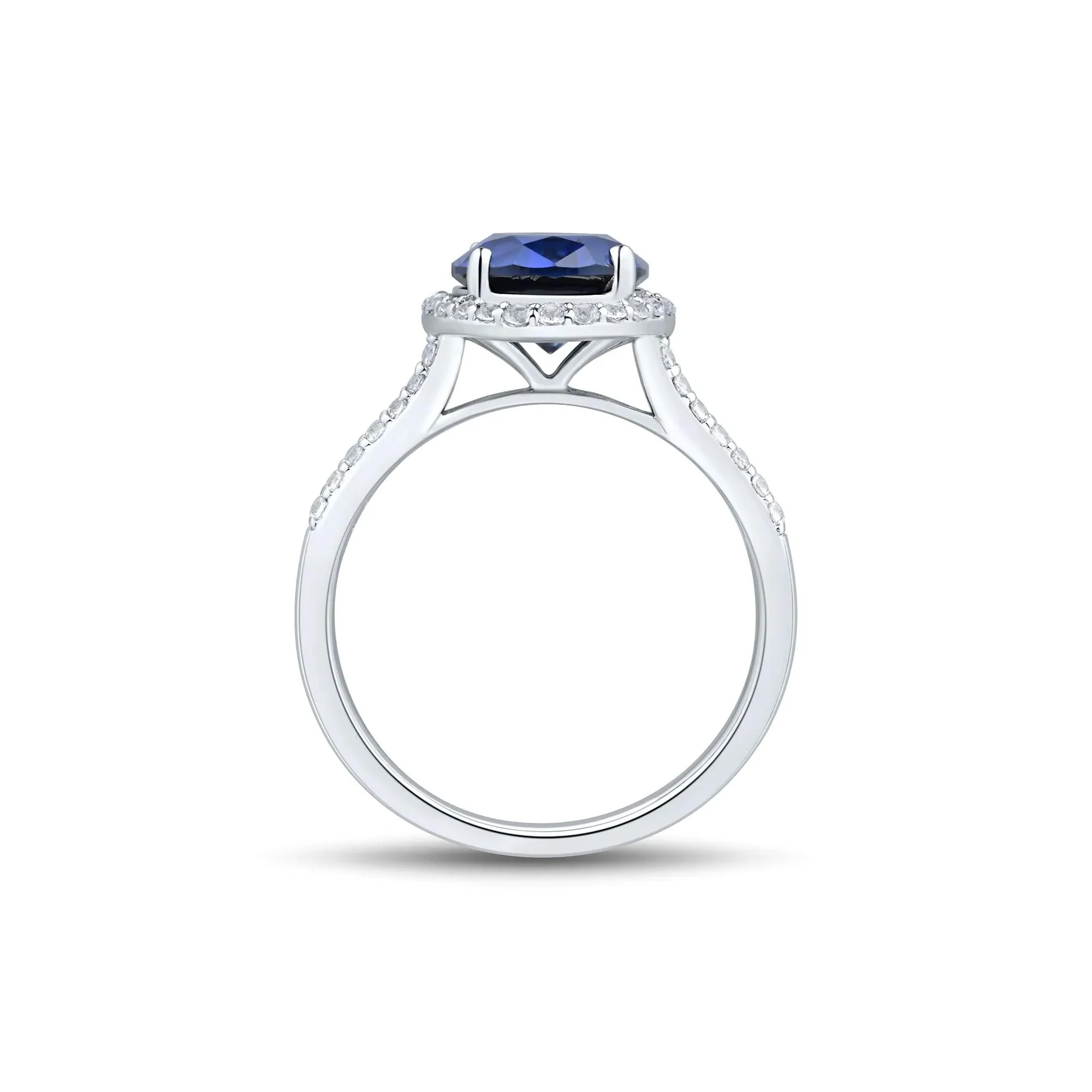 Lab-Created Blue & White Sapphire Double Row Shank Halo Ring .925 Sterling Silver Size 8.5 1mm - Image 3