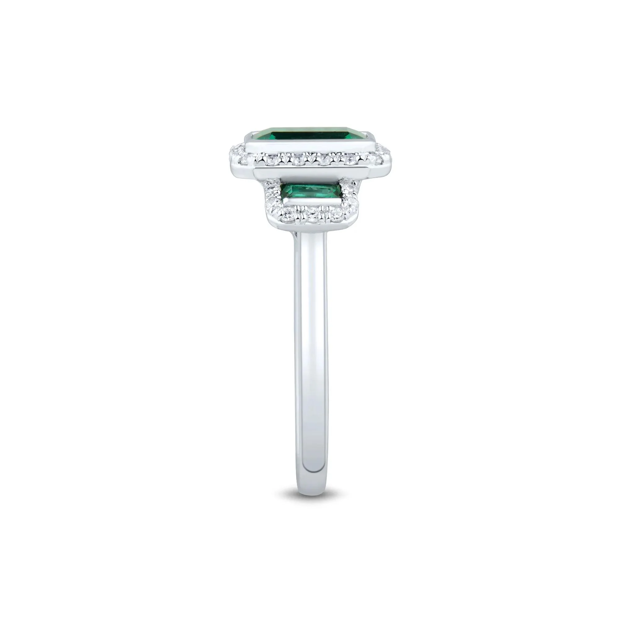Lab-Created Emerald & Lab-Created White Sapphire Three-Stone Halo Ring .925 Sterling Silver Size 6 1mm - Image 3