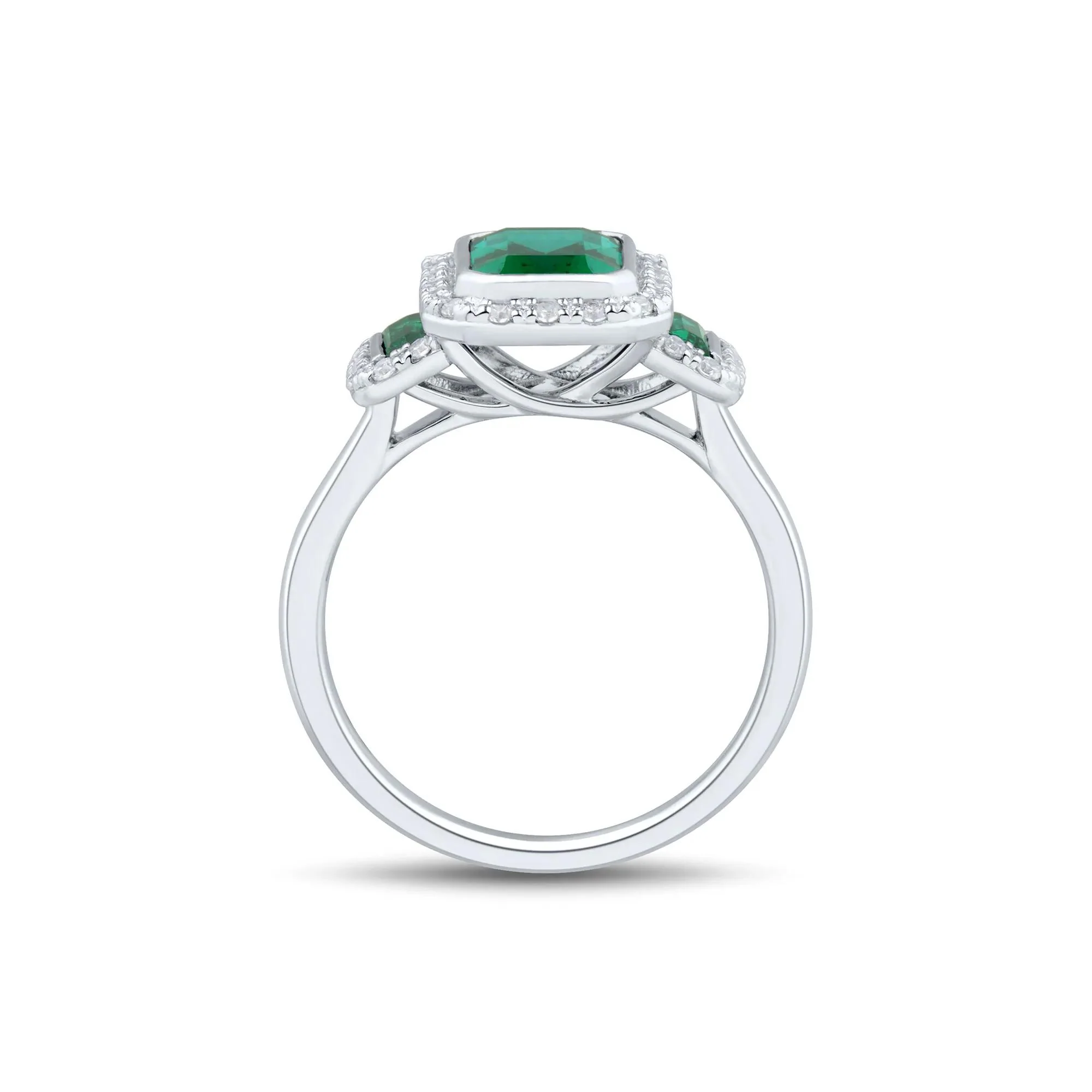 Lab-Created Emerald & Lab-Created White Sapphire Three-Stone Halo Ring .925 Sterling Silver Size 7 1mm - Image 2