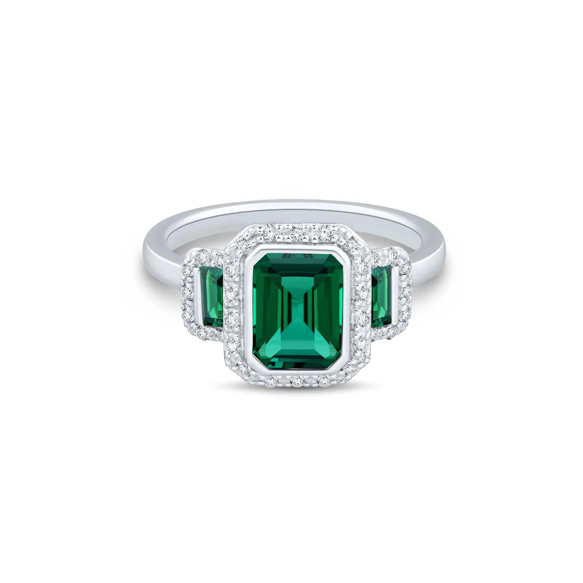 Lab-Created Emerald & Lab-Created White Sapphire Three-Stone Halo Ring .925 Sterling Silver Size 7.5 1mm