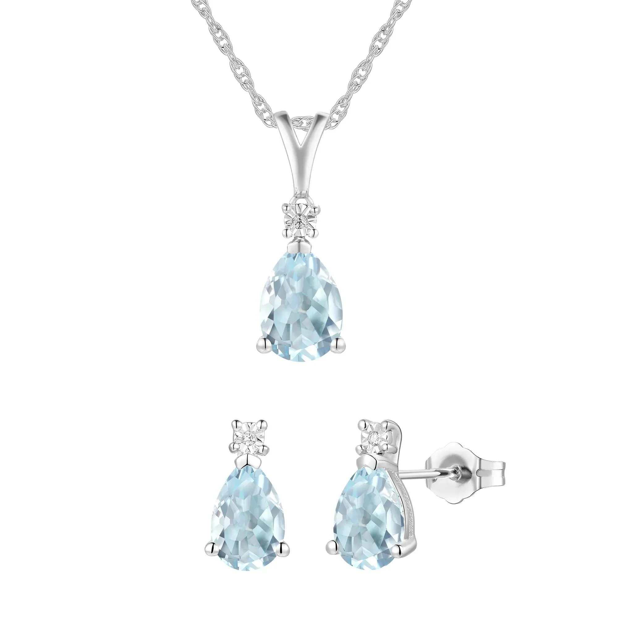 Aquamarine & Diamond Accent Pendant Necklace & Earrings Boxed Set 10K White Gold Size 18" - Image 3