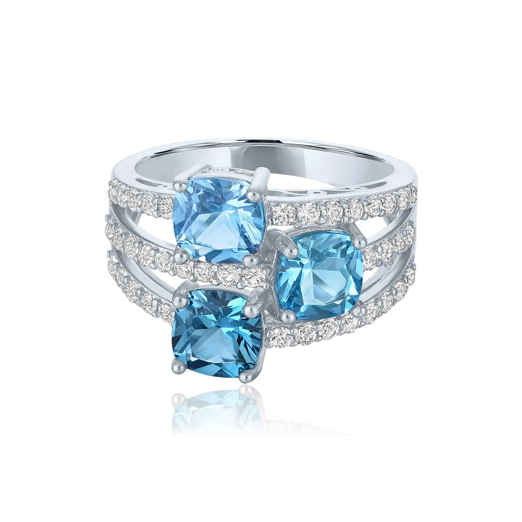 Multi-Shade Blue Topaz & Lab-Created White Sapphire Layered Ring .925 Sterling Silver Size 7 1mm