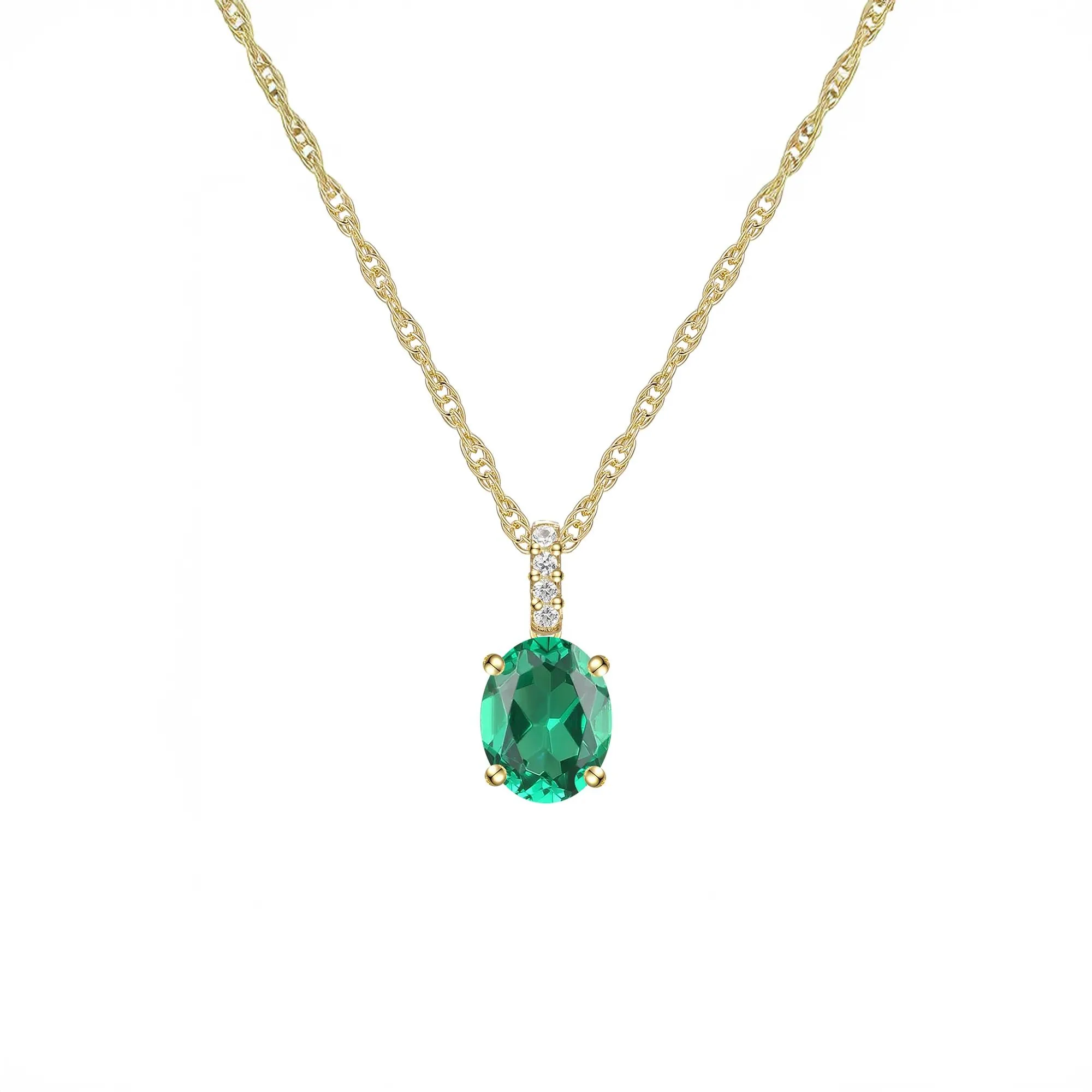 Lab-Created Emerald Oval & Diamond Accent Pendant Necklace 10K Yellow Gold Size 18" - Image 3