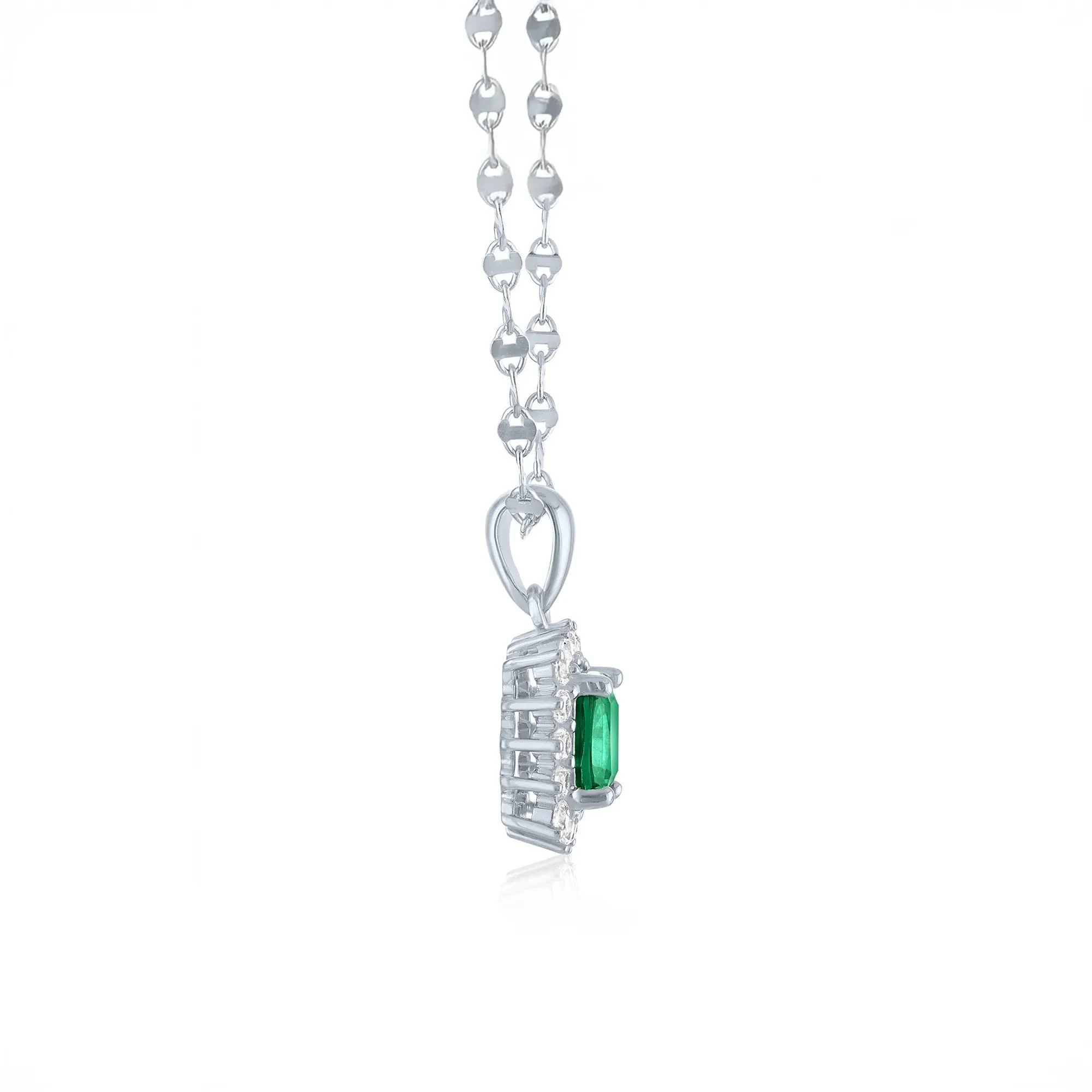 Lab-Created Emerald & Lab-Created White Sapphire Starburst Halo Pendant Necklace .925 Sterling Silver Size 18" - Image 2