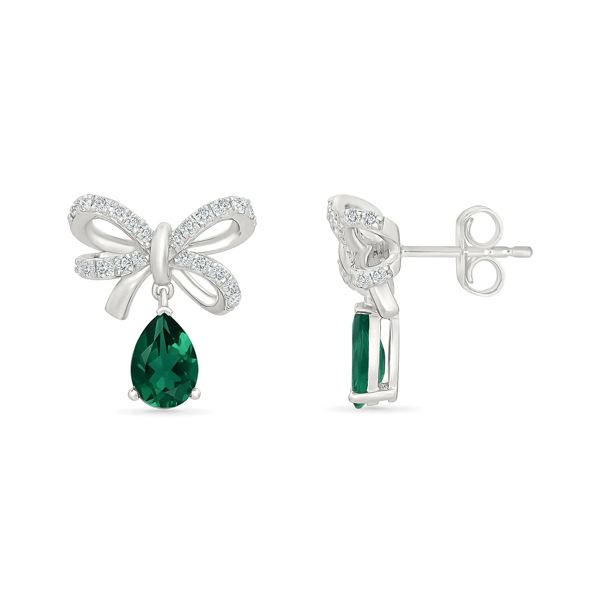 Lab-Created Emerald & Lab-Created White Sapphire Bow Drop Earrings .925 Sterling Silver Size 13.00mm - Image 3