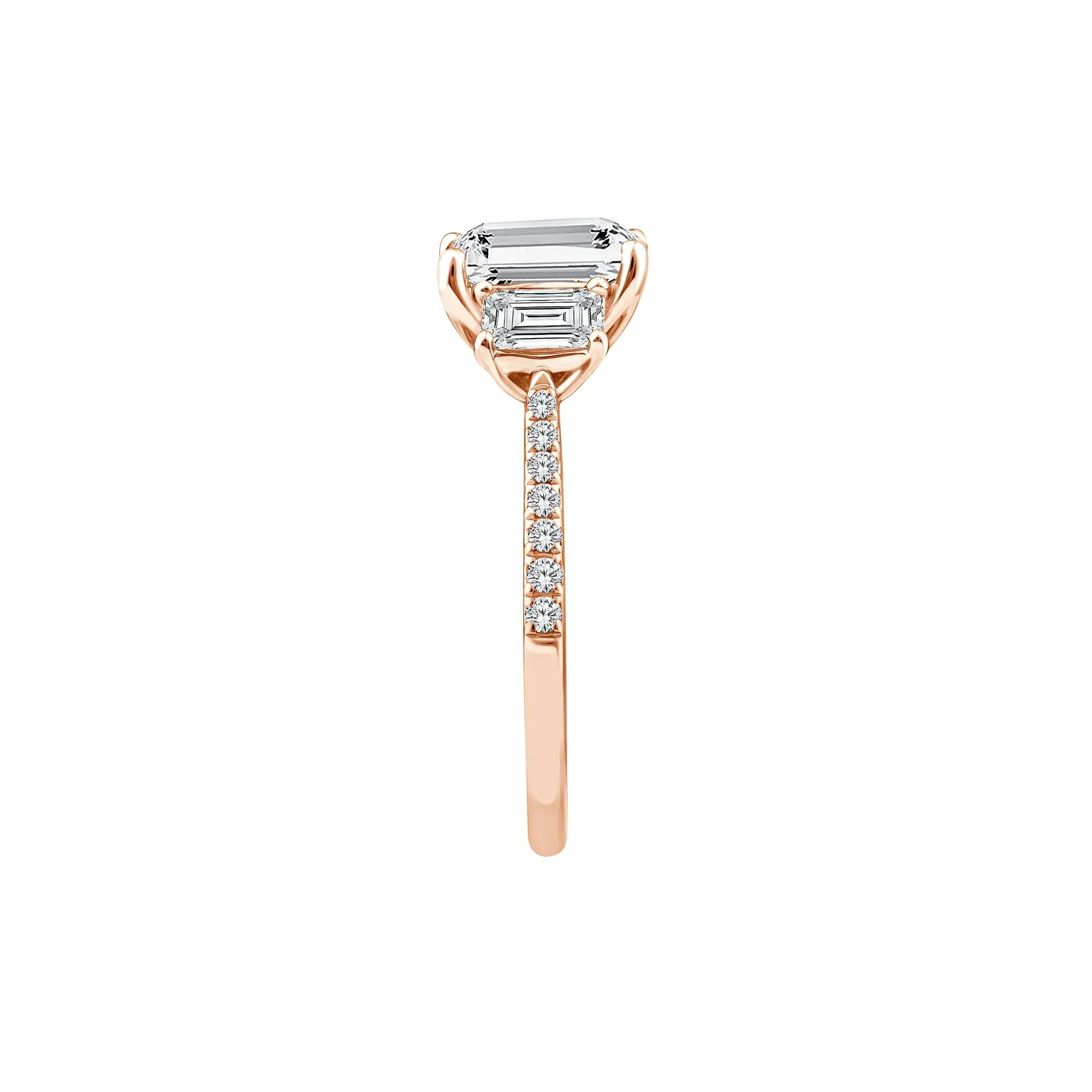 3 1/4 CT. Tw. Lab Grown Diamond Emerald-Cut Three Stone Engagement Ring 14K Rose Gold Round Brilliant Cut Size 6 - Image 3