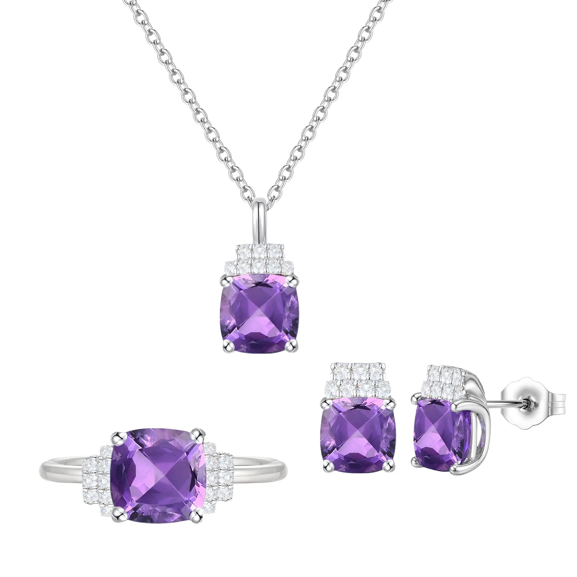 Amethyst & Lab-Created White Sapphire Ring Earring and Pendant Box Set .925 Sterling Silver Size 7.5 1mm - Image 6