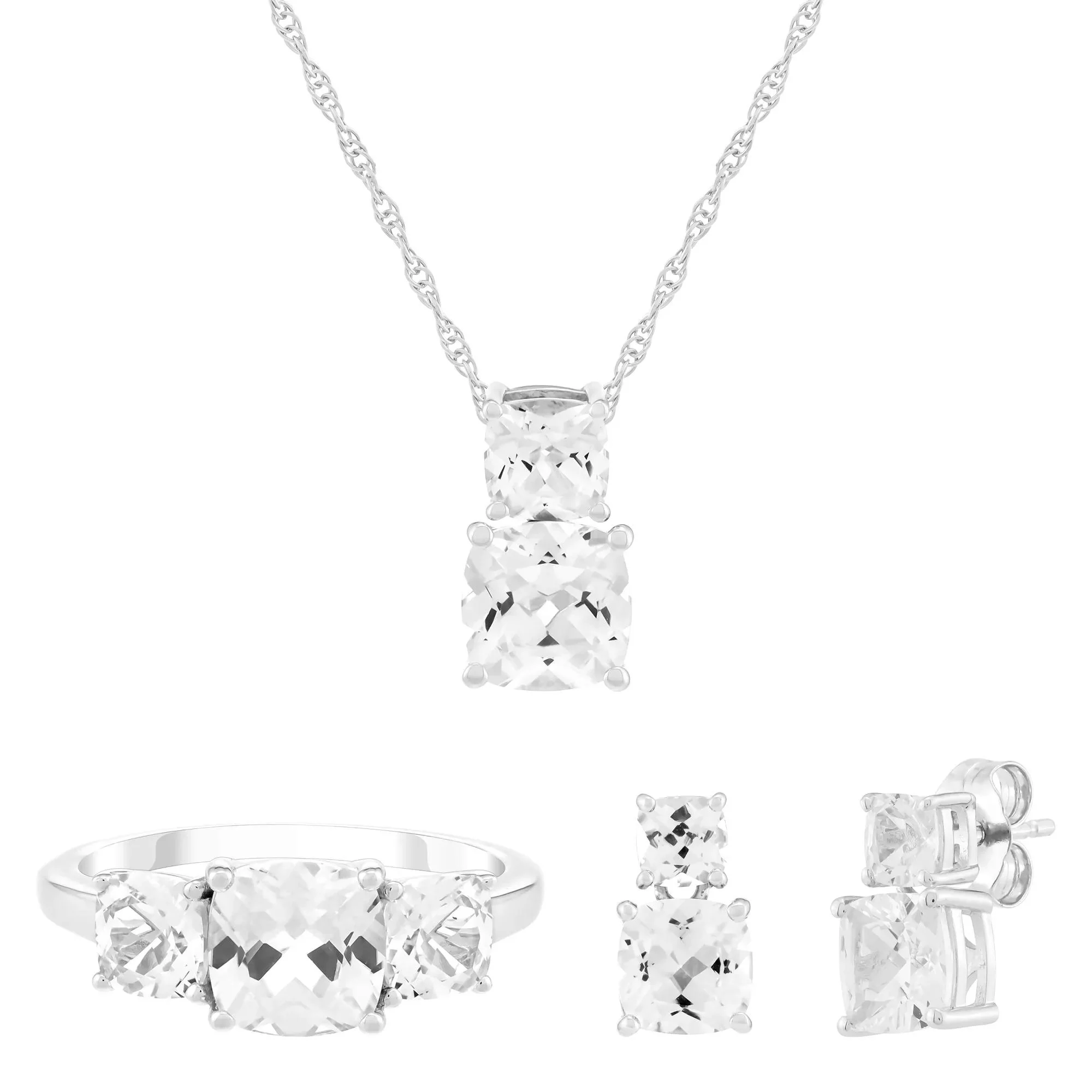 Lab-Created White Sapphire Ring Earring and Pendant Box Set .925 Sterling Silver Size 7.5