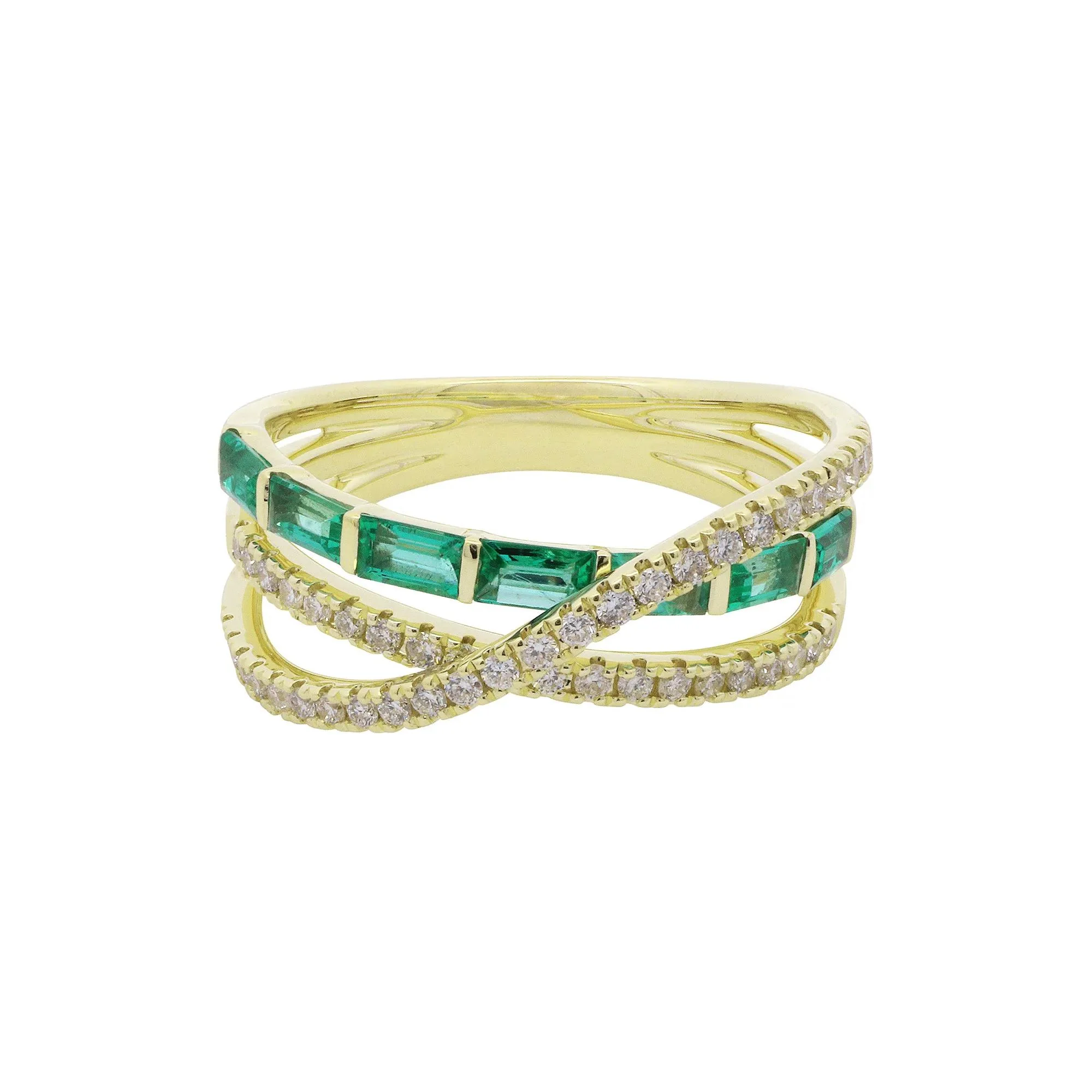 Baguette Emerald & Round Diamond Layer Wrap Ring 10K Yellow Gold Size 7.5 1mm - Image 2