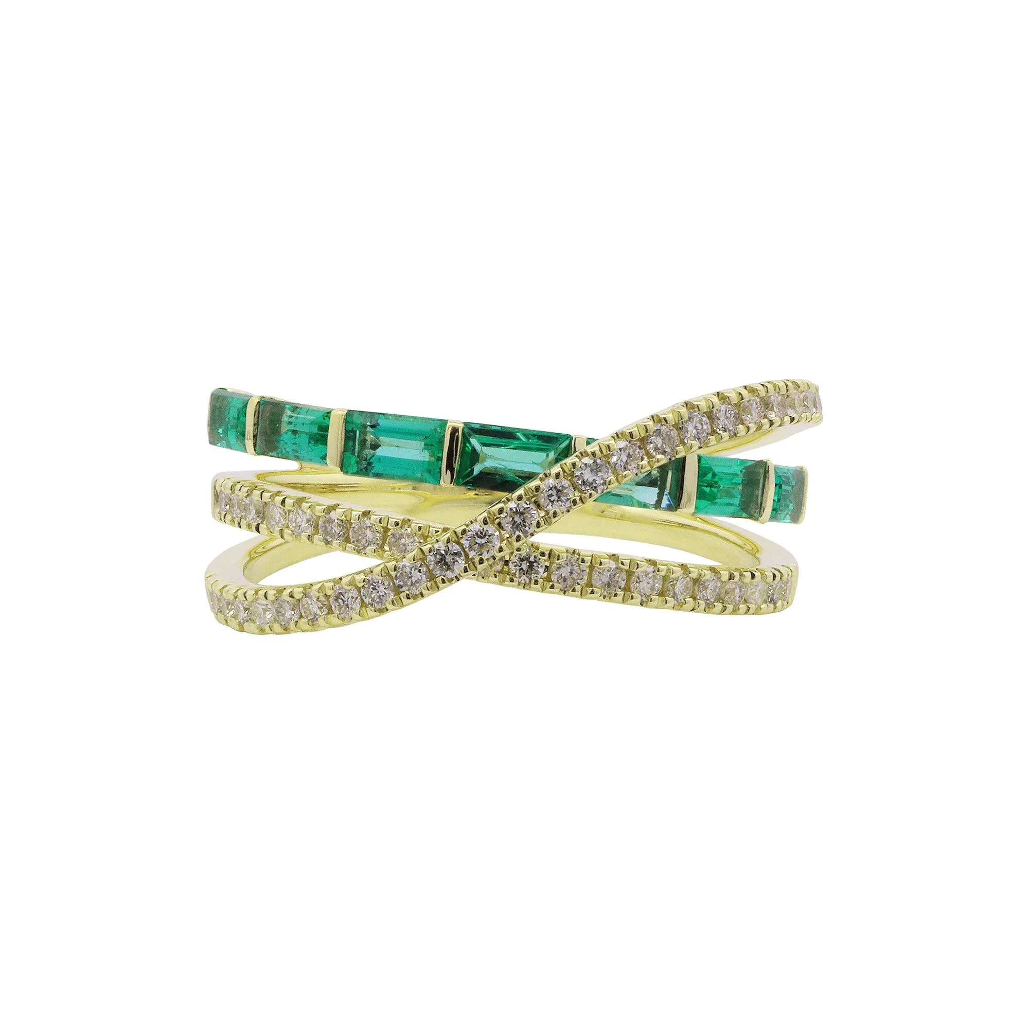 Baguette Emerald & Round Diamond Layer Wrap Ring 10K Yellow Gold Size 8.5 1mm