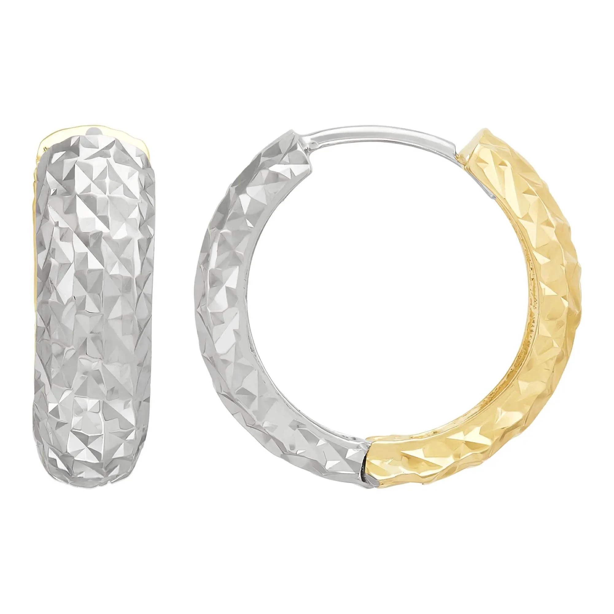 Reversible Diamond-Cut Hoop Earrings 10K White and Yellow Gold Size 15.50mm - Image 2