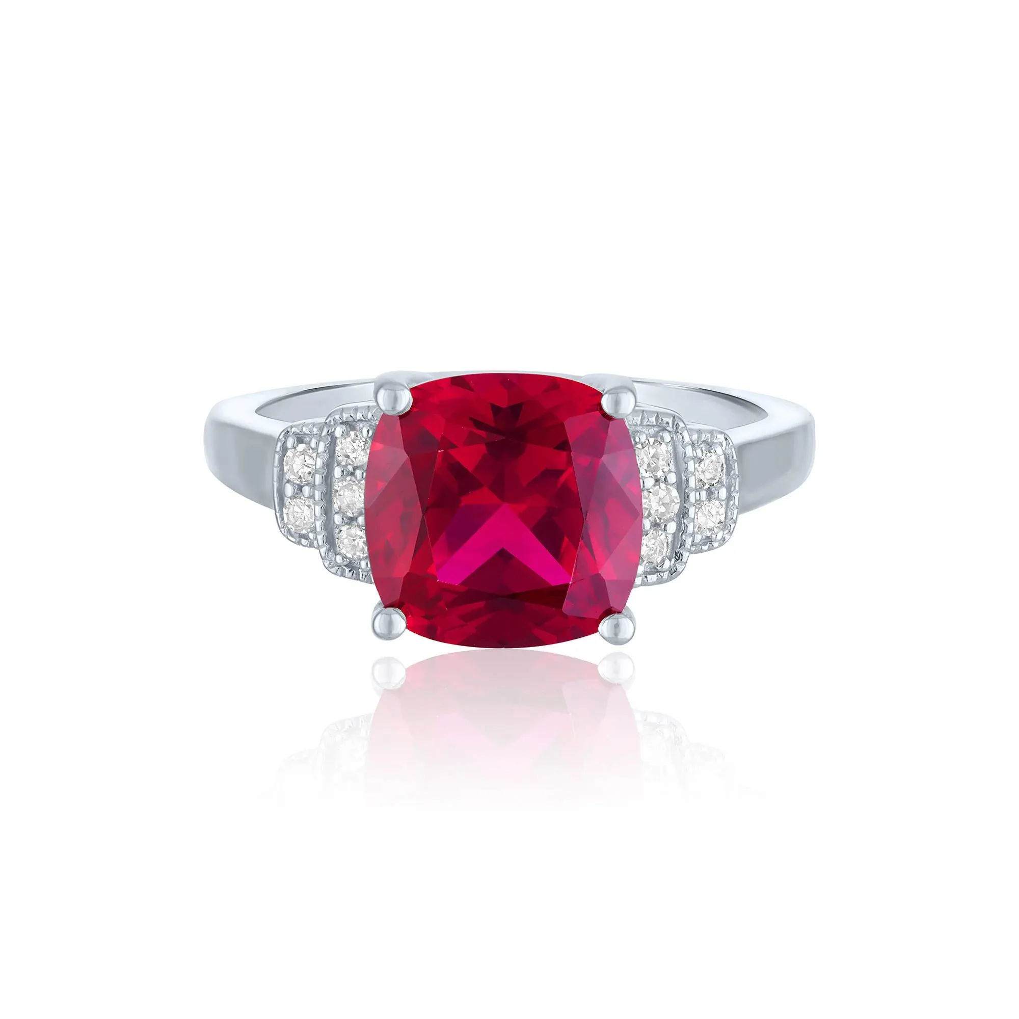 1/10 CT. Tw. Cushion-Cut Lab-Created Ruby & Diamond Ring .925 Sterling Silver White Size 9 1mm