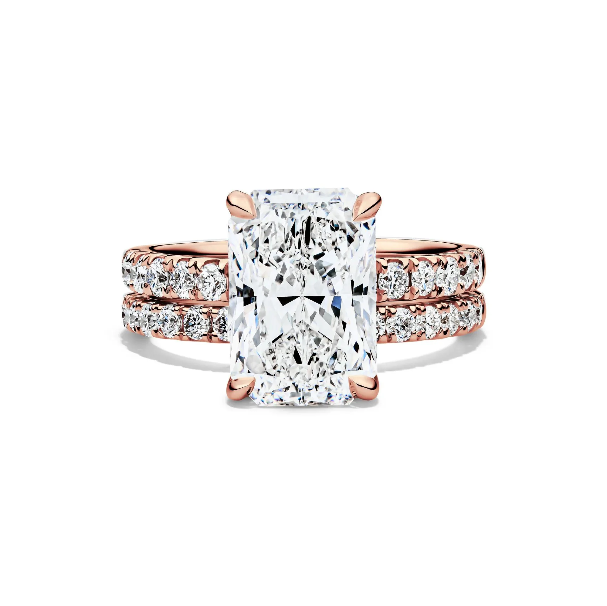 5 CT. Tw. Lab Grown Diamond Radiant-Cut Bridal Set 14K Rose Gold Ring Round Brilliant Cut Size 8 2mm