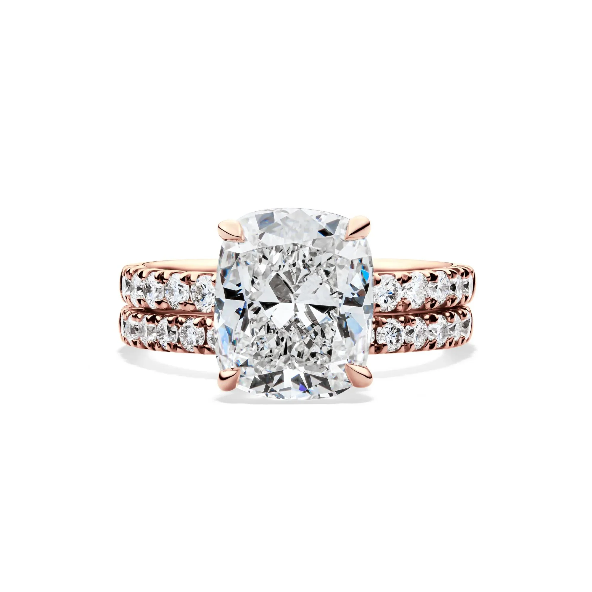 5 CT. Tw. Lab Grown Diamond Elongated Cushion-Cut Bridal Set 14K Rose Gold Ring Round Brilliant Cut Size 6 2mm