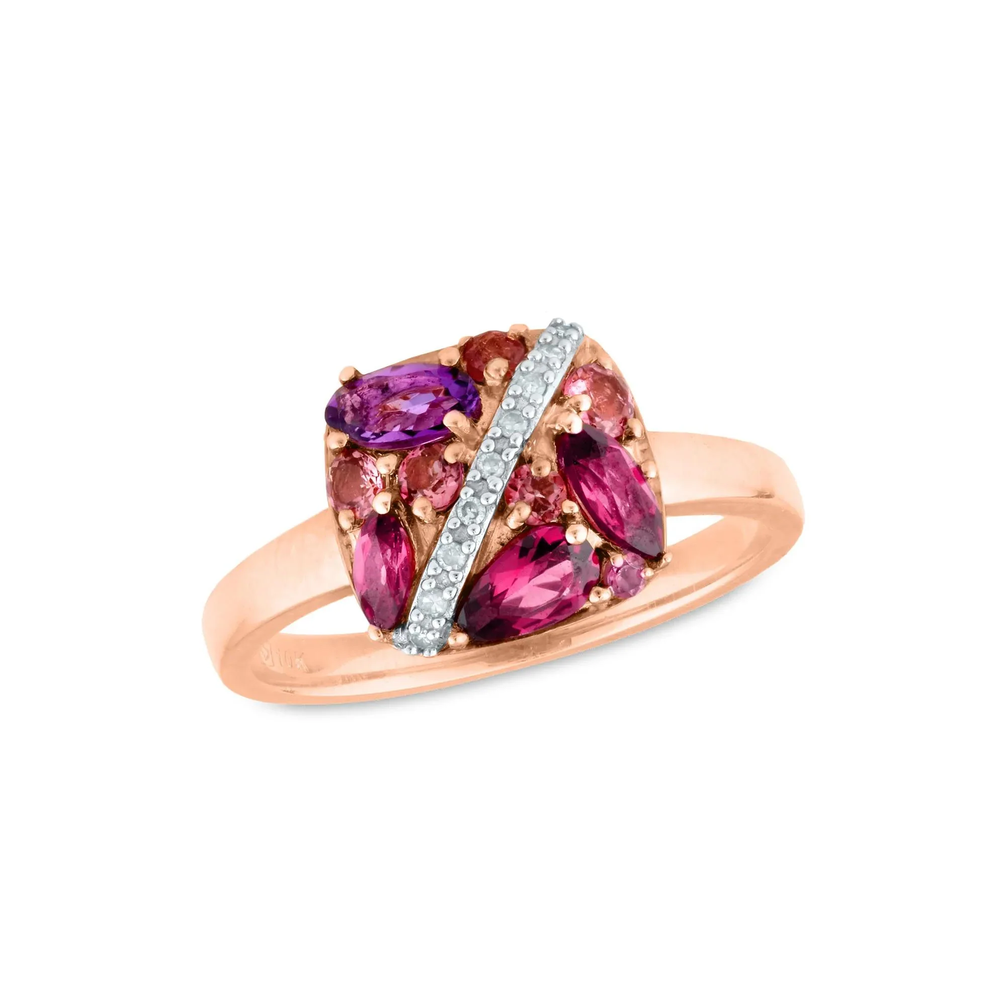 Amethyst Tourmaline Rhodolite and Diamond Accent Ring 10K Rose Gold Size 8 2.5mm - Image 4