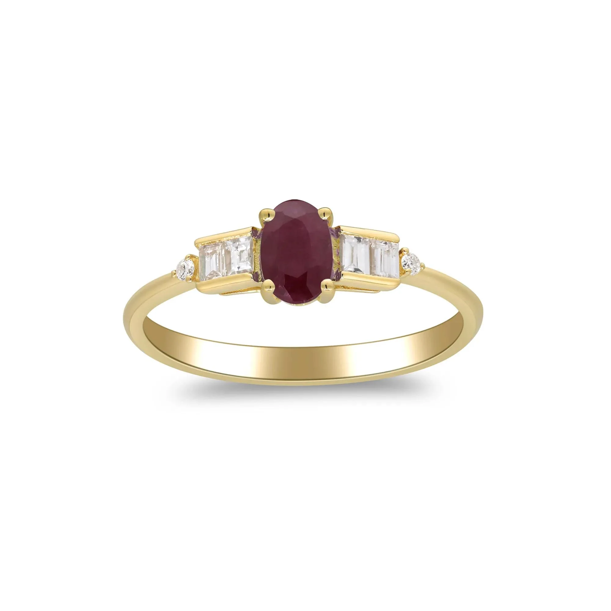 1/7 CT. Tw. Oval Ruby & Diamond Ring 10K Yellow Gold Round Brilliant Cut Size 7.5 2mm - Image 4