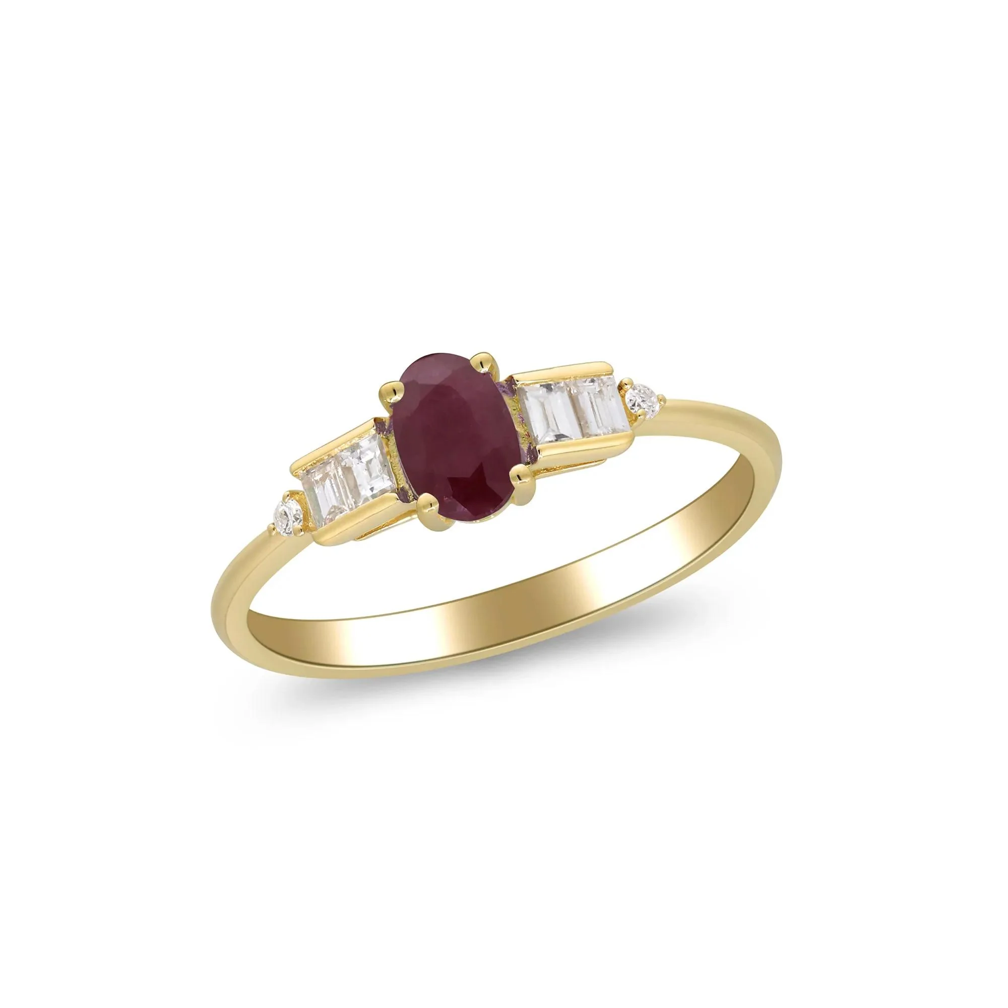 1/7 CT. Tw. Oval Ruby & Diamond Ring 10K Yellow Gold Round Brilliant Cut Size 9 2mm - Image 5
