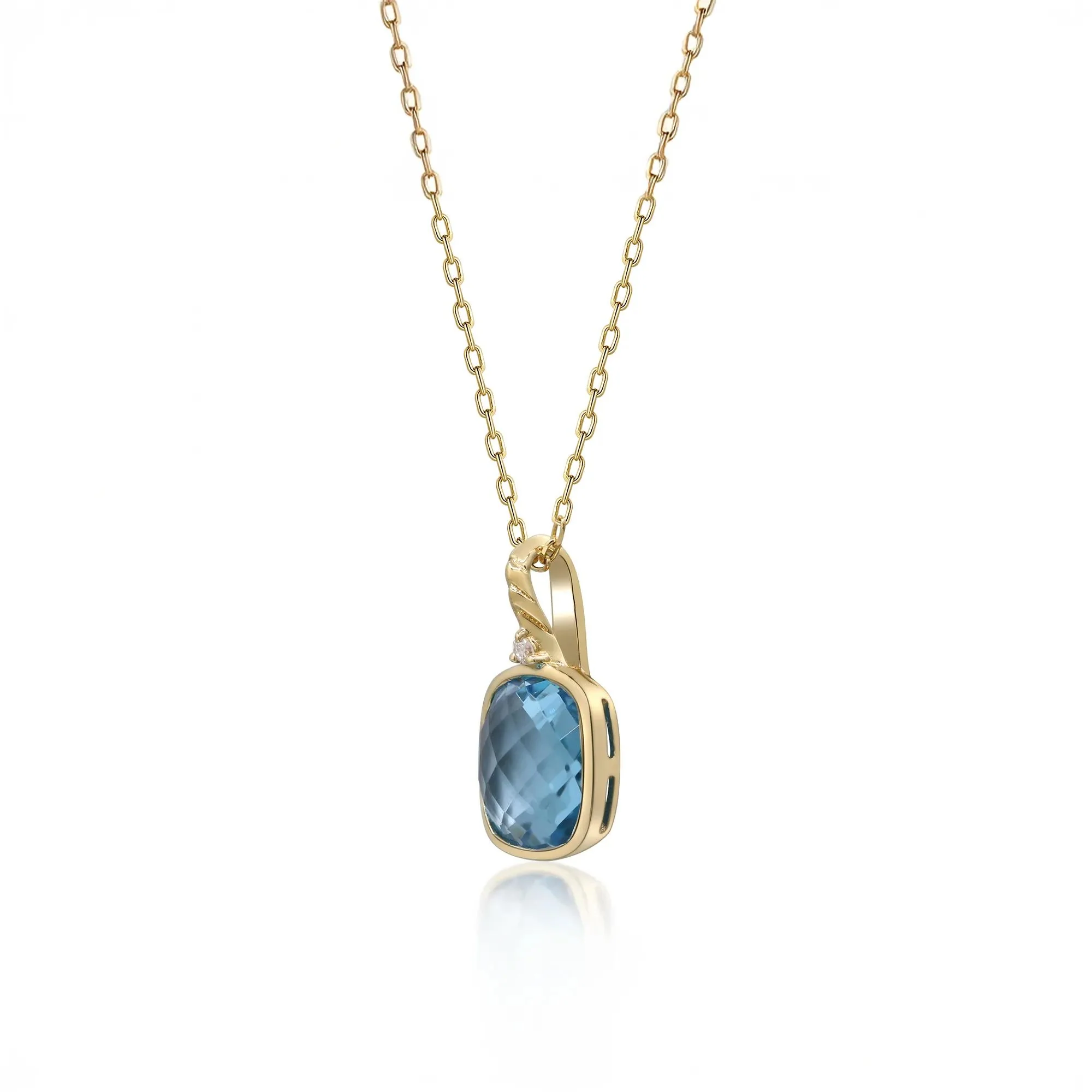 Swiss Blue Topaz Cushion & Diamond Accent Pendant Necklace 10K Yellow Gold Size 18" - Image 2
