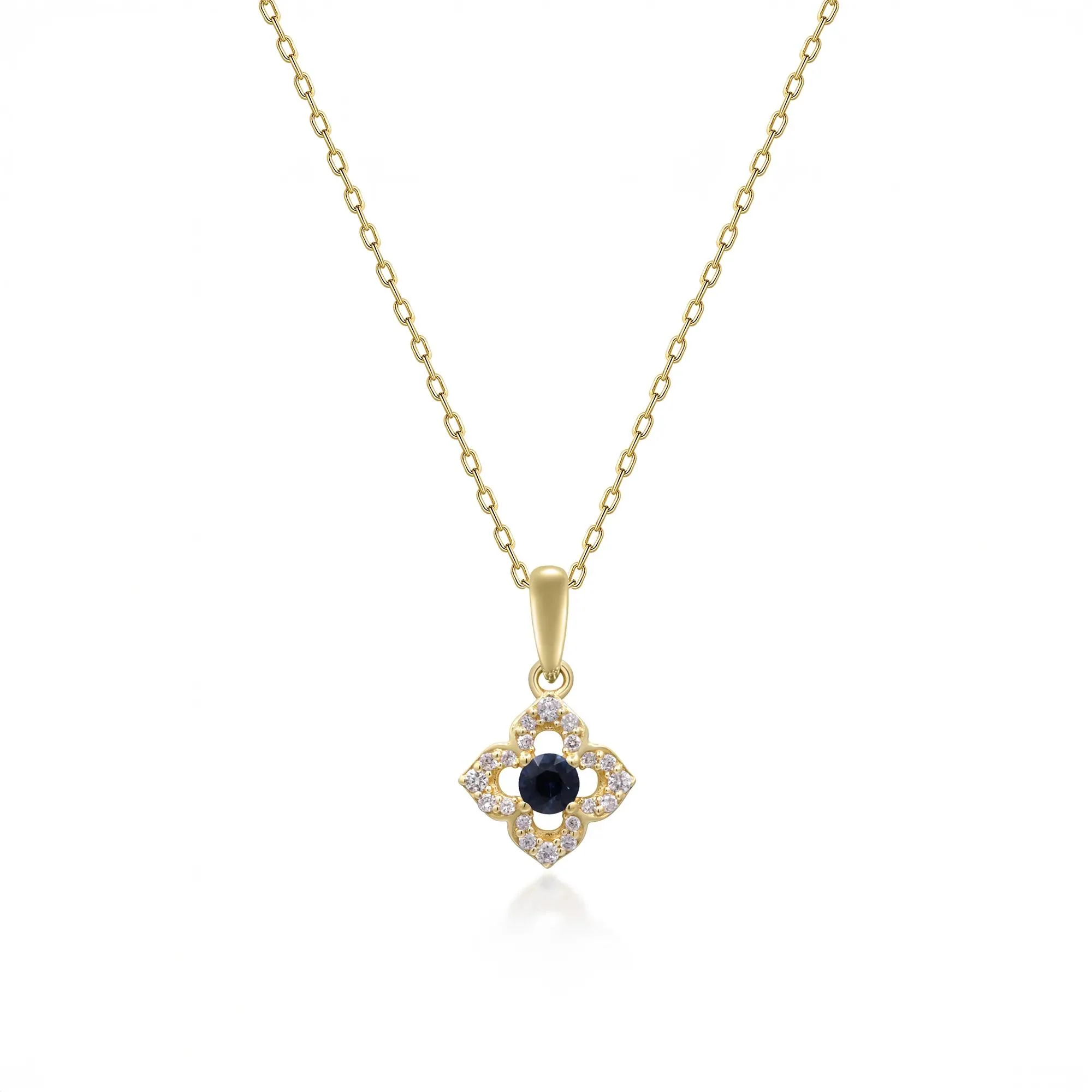 1/10 CT. Tw. Blue Sapphire & Diamond Clover Pendant Necklace 10K Yellow Gold Size 18"