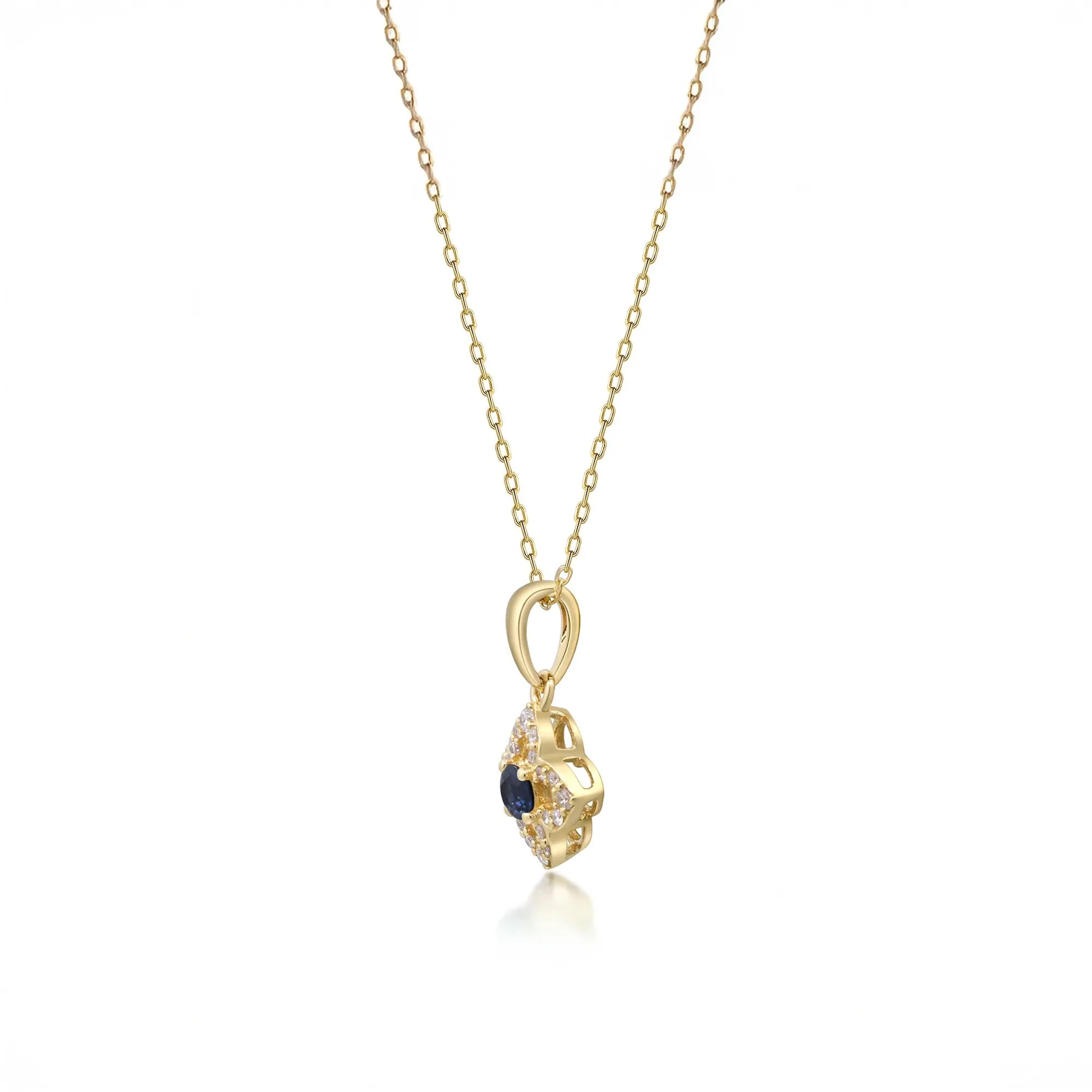 1/10 CT. Tw. Blue Sapphire & Diamond Clover Pendant Necklace 10K Yellow Gold Size 18" - Image 2