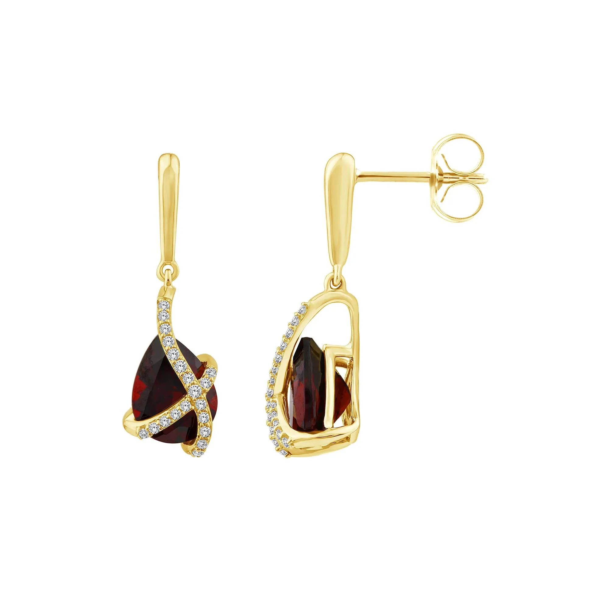 1/10 CT. Tw. Garnet & Diamond Drop Earrings 14K Yellow Gold Size 6.30mm - Image 3