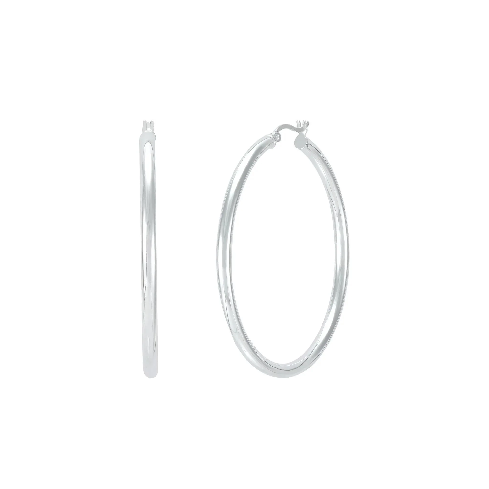 Polished Round Hoop Earrings .925 Sterling Silver White Size 50.00mm