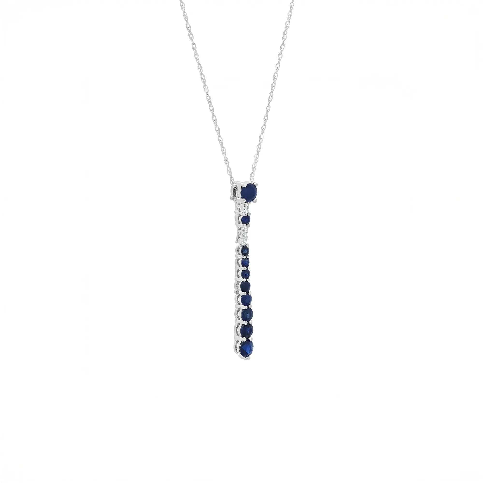 Blue Sapphire & Diamond Accent Stick Pendant Necklace 10K White Gold Size 18" - Image 2