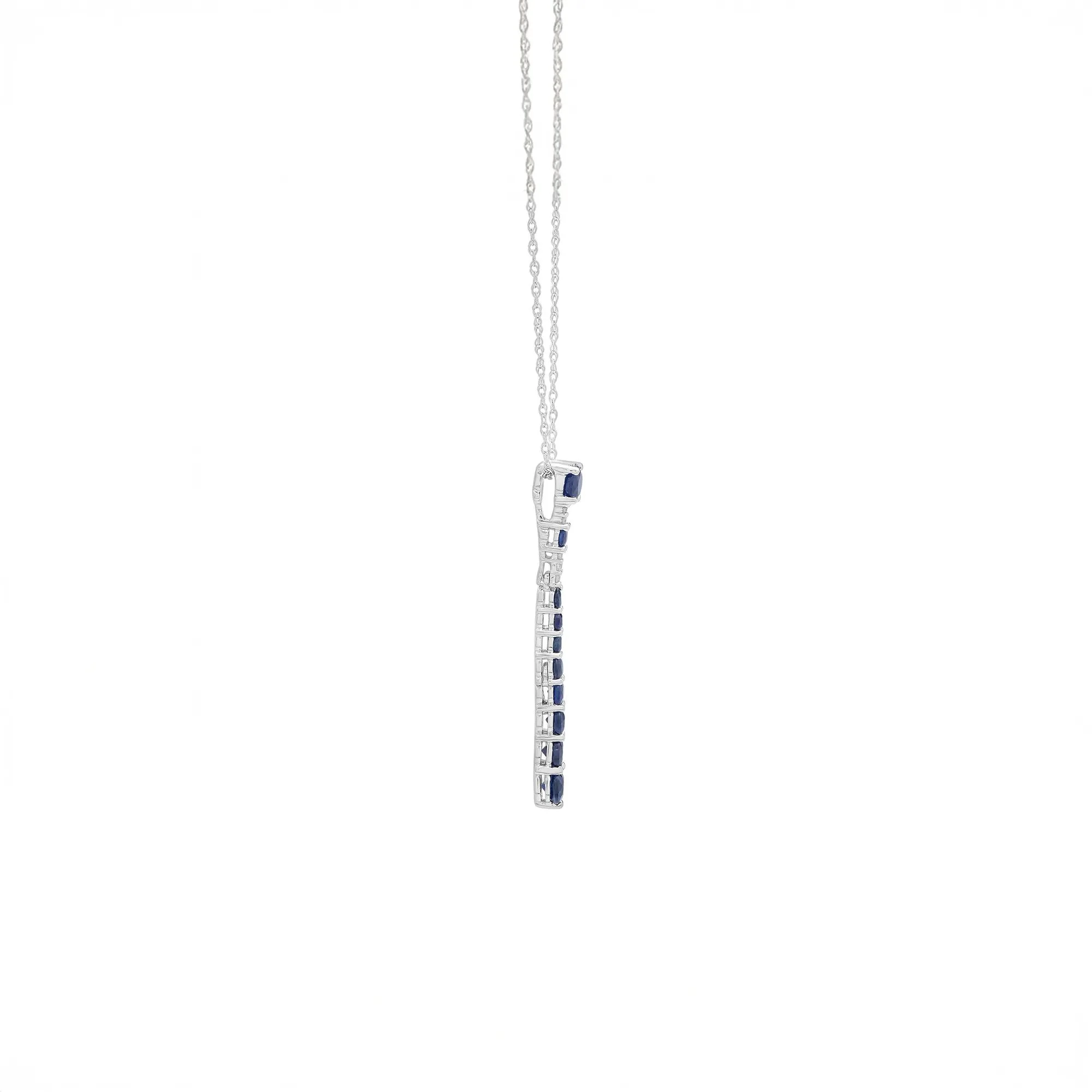 Blue Sapphire & Diamond Accent Stick Pendant Necklace 10K White Gold Size 18" - Image 3