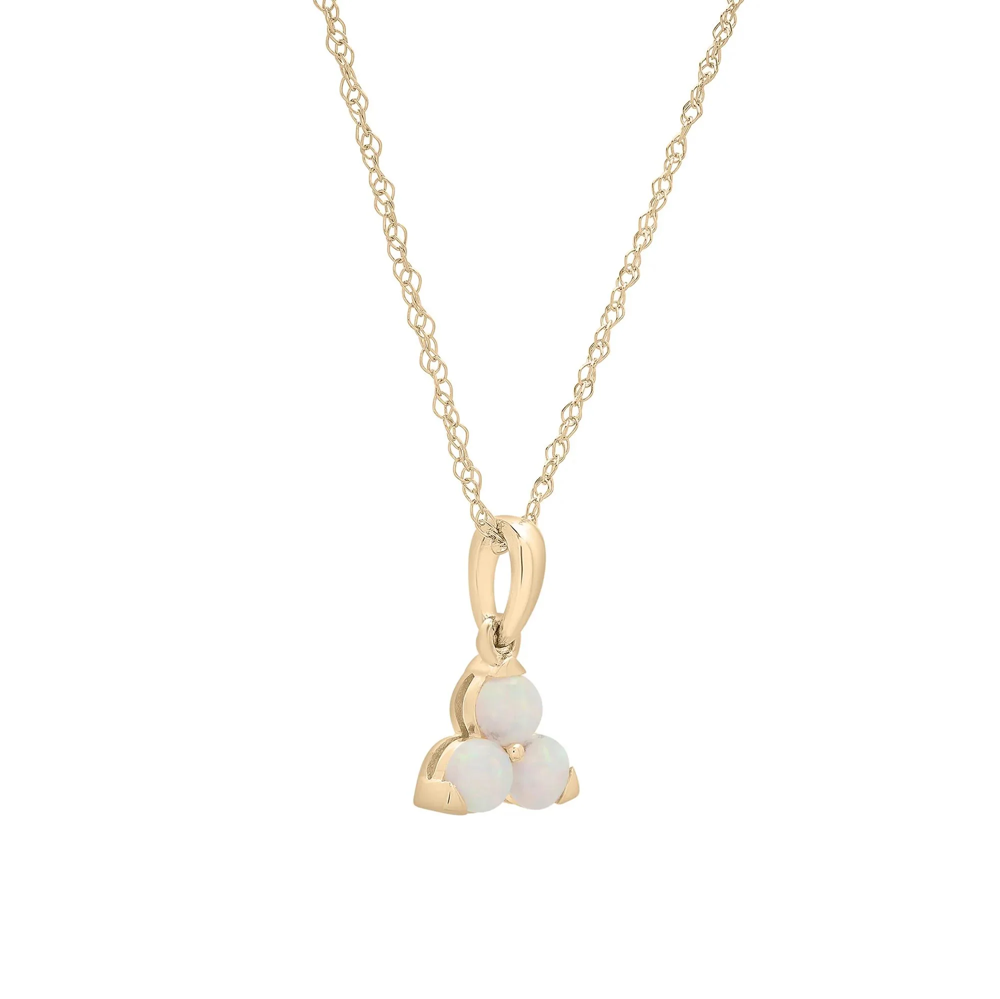 Lab-Created Opal Three-Stone Triangle Birthstone Pendant Necklace 10K Yellow Gold Size 18" - Image 4