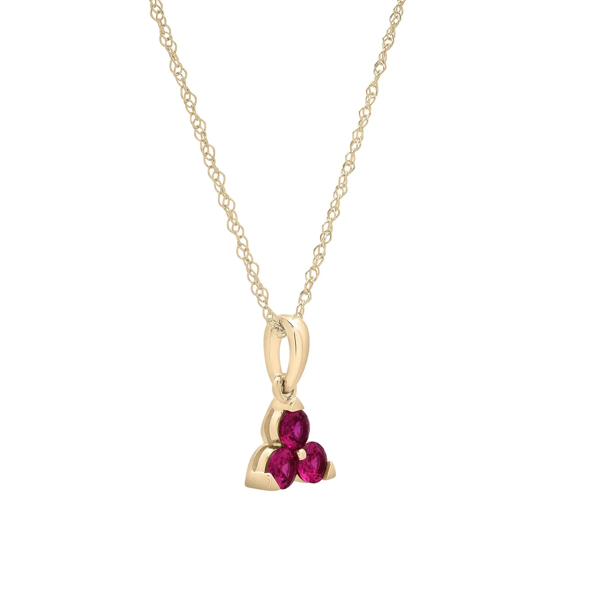 Lab-Created Ruby Three-Stone Triangle Birthstone Pendant Necklace 10K Yellow Gold Size 18" - Image 4