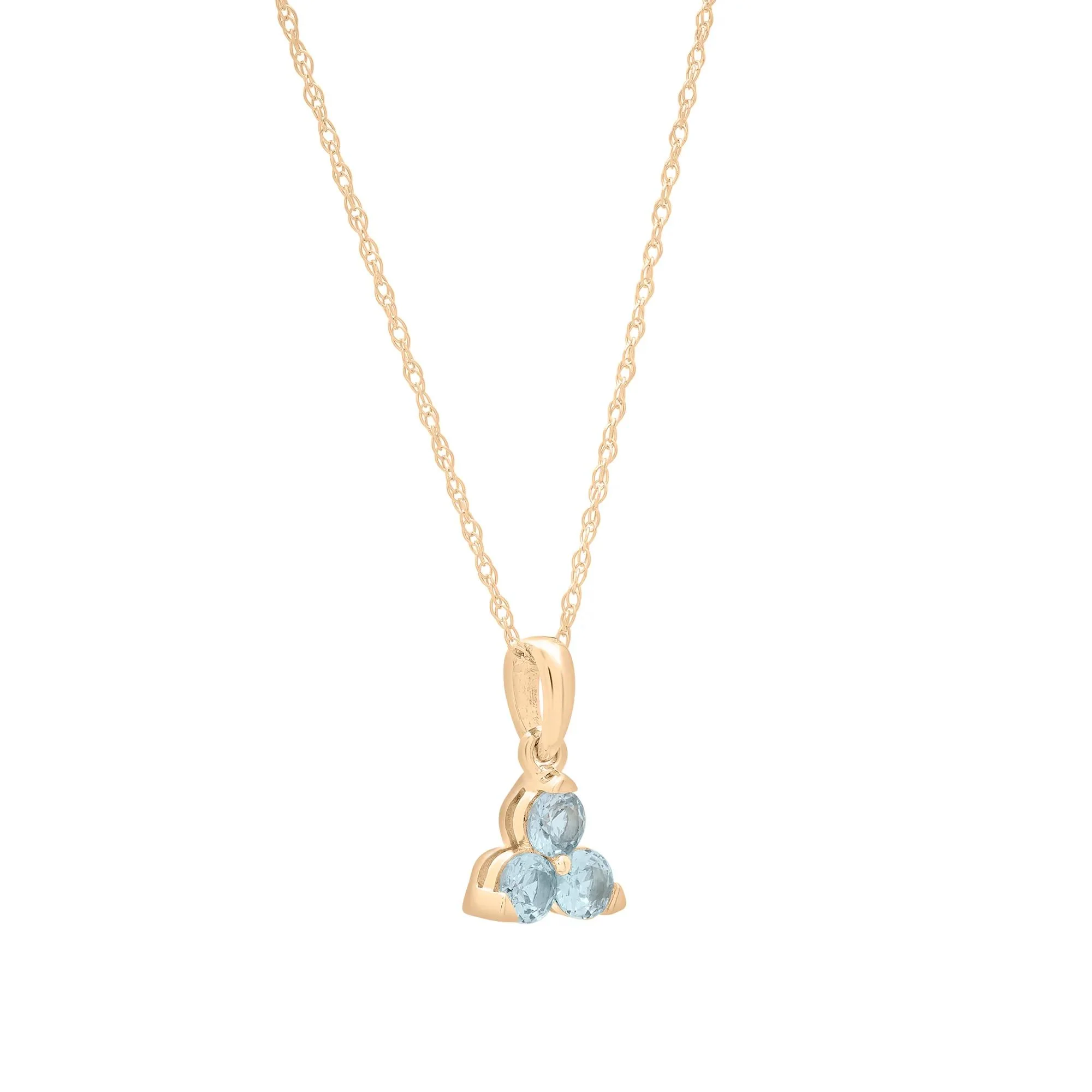 Lab-Created Aquamarine Three-Stone Triangle Birthstone Pendant Necklace 10K Yellow Gold Size 18" - Image 4