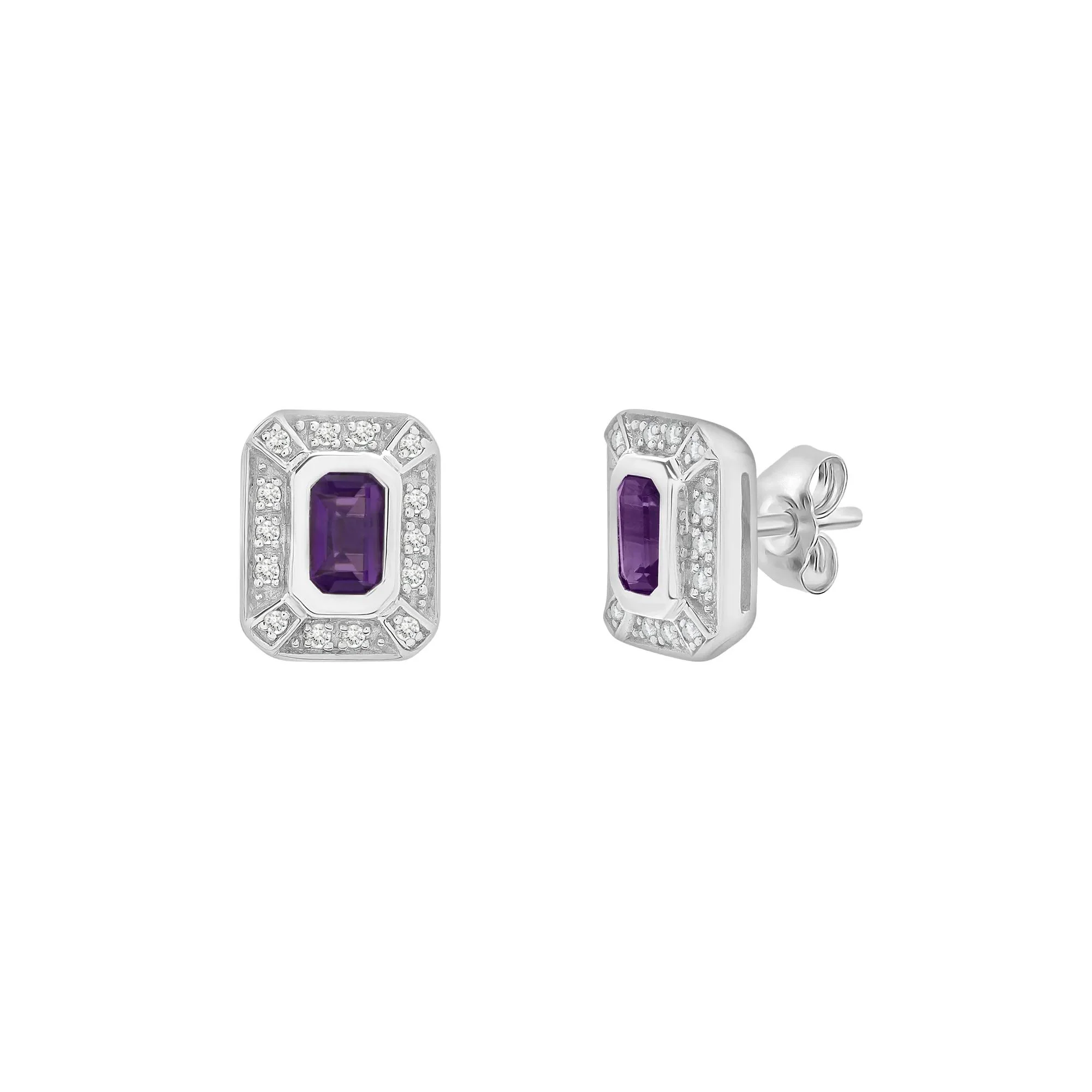 Purple Amethyst & Lab-Created White Sapphire Halo Stud Earrings .925 Sterling Silver Size 8.30mm