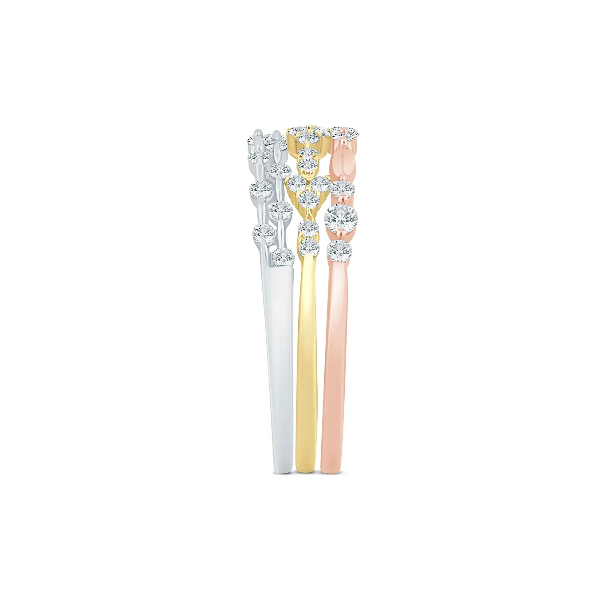 1/2 CT. Tw. Diamond Three-Piece Stack Ring Set 14K White Yellow & Rose Gold Size 6 3mm - Image 3