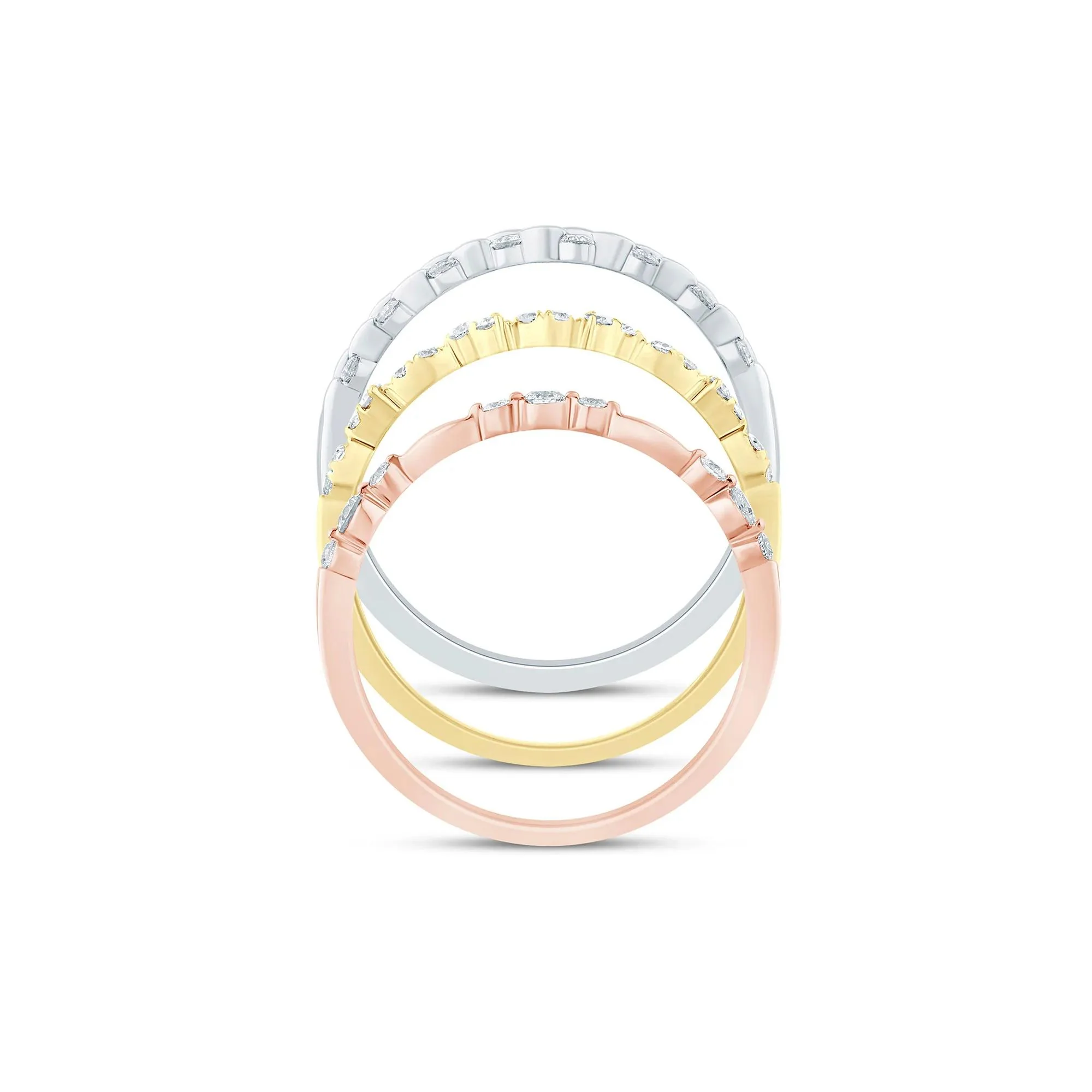 1/2 CT. Tw. Diamond Three-Piece Stack Ring Set 14K White Yellow & Rose Gold Size 7.5 3mm - Image 2