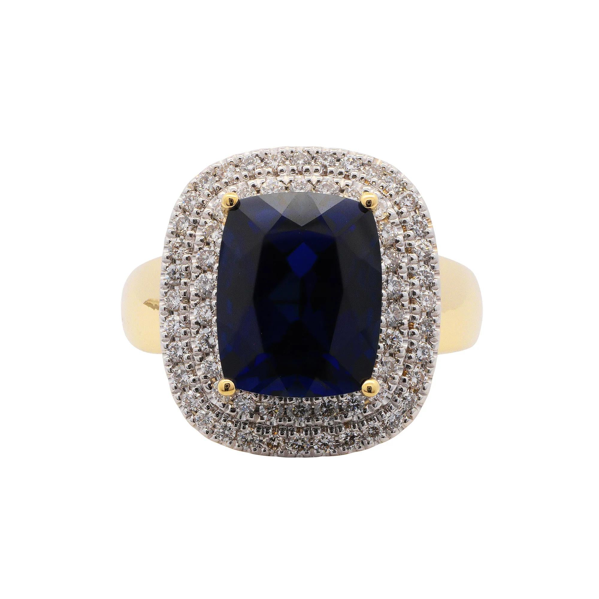 3/8 CT. Tw. Lab-Created Blue Sapphire and Diamond Ring 10K Yellow Gold Round Brilliant Cut Size 7 1mm