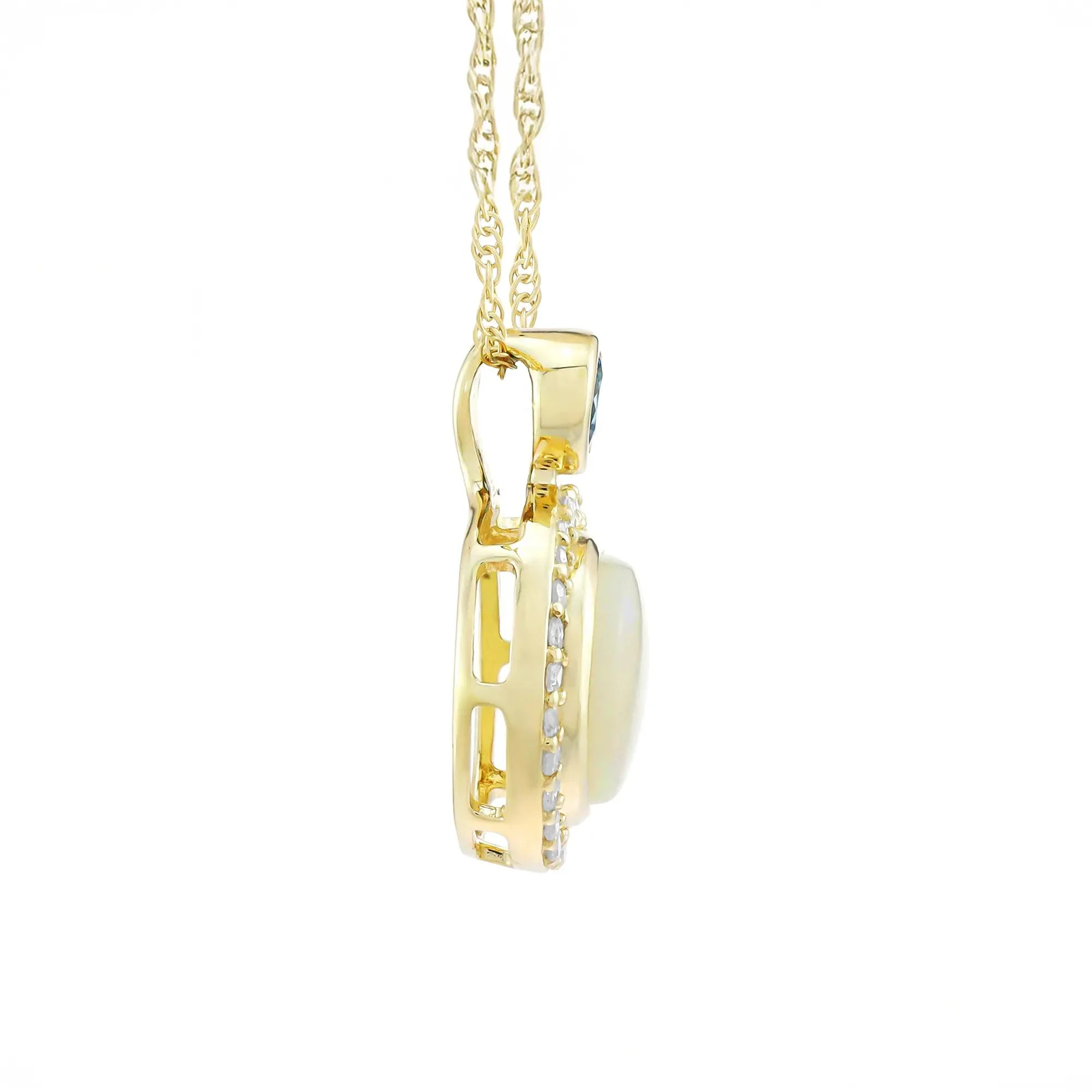 1/8 CT. Tw. Australian Opal Blue Topaz & Diamond Halo Pendant Necklace 10K Yellow Gold Size 18" - Image 2